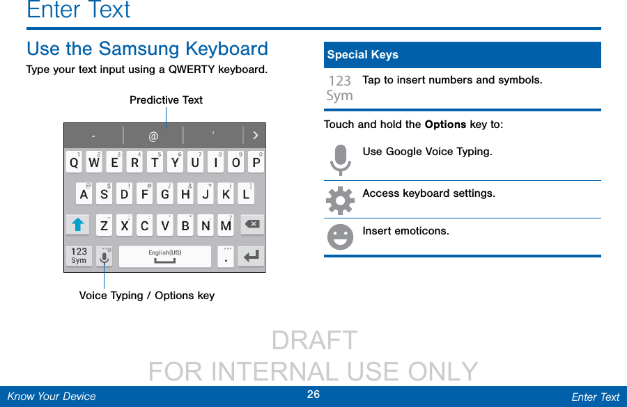                  DRAFT FOR INTERNAL USE ONLY26 Enter TextKnow Your DeviceEnter Tex tUse the SamsungKeyboardType your text input using a QWERTY keyboard.Voice Typing / Options keyPredictive Text Special Keys123SymTap to insert numbers and symbols.Touch and hold the Options key to:Use Google Voice Typing.Access keyboard settings.Insert emoticons.