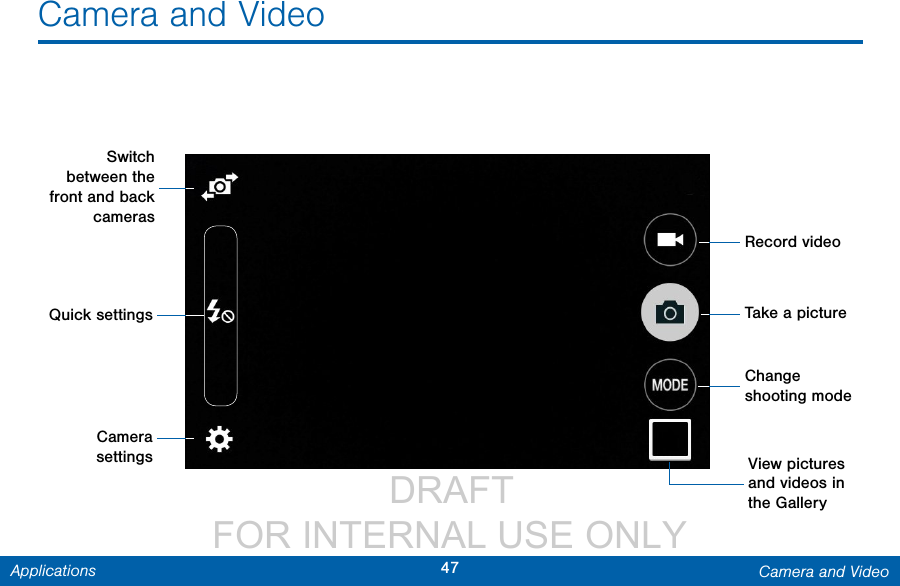                  DRAFT FOR INTERNAL USE ONLY47 Camera and VideoApplicationsCamera and VideoSwitch between the front and back camerasQuick settingsView pictures and videos in the GalleryRecord videoTake a pictureChange shooting modeCamera settings