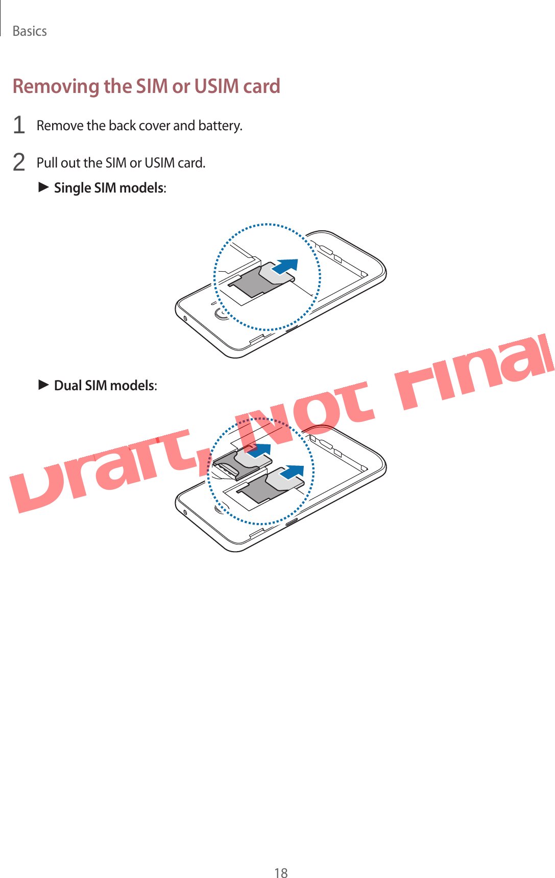 Basics18Removing the SIM or USIM card1  Remove the back cover and battery.2  Pull out the SIM or USIM card.► Single SIM models:► Dual SIM models:Draft,  Not  Final