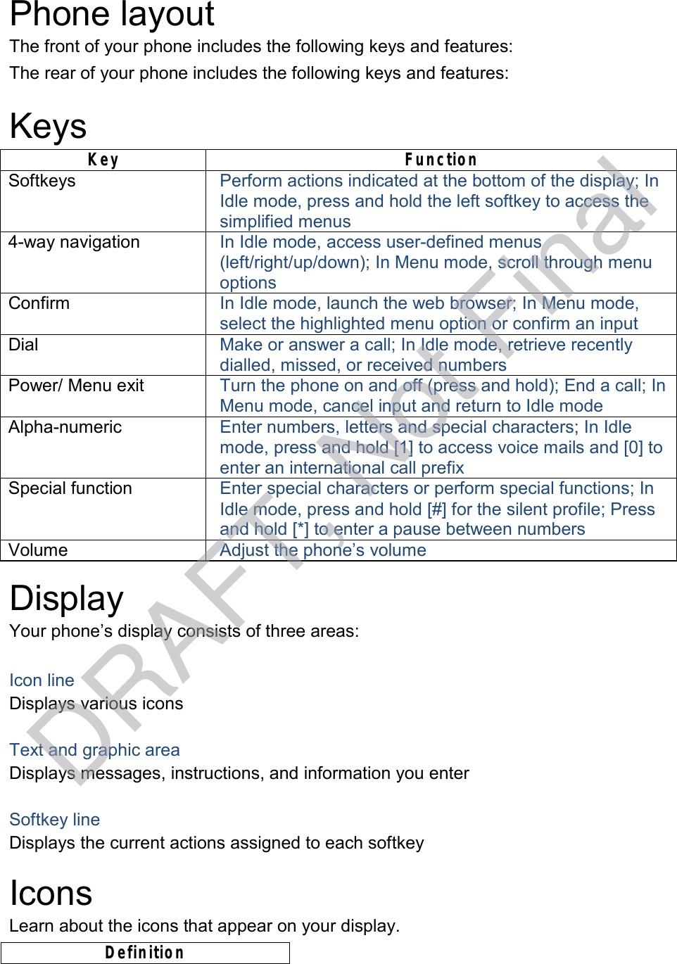   Phone layout The front of your phone includes the following keys and features: The rear of your phone includes the following keys and features:  Keys  Key Function Softkeys Perform actions indicated at the bottom of the display; In Idle mode, press and hold the left softkey to access the simplified menus 4-way navigation In Idle mode, access user-defined menus (left/right/up/down); In Menu mode, scroll through menu options Confirm In Idle mode, launch the web browser; In Menu mode, select the highlighted menu option or confirm an input Dial Make or answer a call; In Idle mode, retrieve recently dialled, missed, or received numbers Power/ Menu exit Turn the phone on and off (press and hold); End a call; In Menu mode, cancel input and return to Idle mode Alpha-numeric Enter numbers, letters and special characters; In Idle mode, press and hold [1] to access voice mails and [0] to enter an international call prefix Special function Enter special characters or perform special functions; In Idle mode, press and hold [#] for the silent profile; Press and hold [*] to enter a pause between numbers Volume Adjust the phone’s volume  Display Your phone’s display consists of three areas:   Icon line Displays various icons   Text and graphic area Displays messages, instructions, and information you enter   Softkey line Displays the current actions assigned to each softkey  Icons Learn about the icons that appear on your display. Definition DRAFT, Not Final