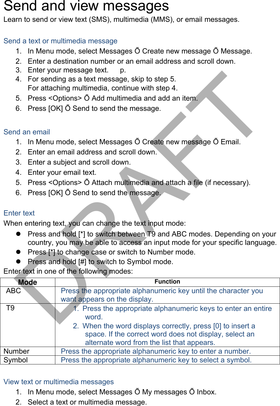 Send and view messages Learn to send or view text (SMS), multimedia (MMS), or email messages. Send a text or multimedia message 1. In Menu mode, select Messages Õ Create new message Õ Message.2. Enter a destination number or an email address and scroll down.3. Enter your message text.   p.　4. For sending as a text message, skip to step 5.For attaching multimedia, continue with step 4.5. Press &lt;Options&gt; Õ Add multimedia and add an item.6. Press [OK] Õ Send to send the message.Send an email 1. In Menu mode, select Messages Õ Create new message Õ Email.2. Enter an email address and scroll down.3. Enter a subject and scroll down.4. Enter your email text.5. Press &lt;Options&gt; Õ Attach multimedia and attach a file (if necessary).6. Press [OK] Õ Send to send the message.Enter text When entering text, you can change the text input mode: Press and hold [*] to switch between T9 and ABC modes. Depending on yourcountry, you may be able to access an input mode for your specific language.Press [*] to change case or switch to Number mode.Press and hold [#] to switch to Symbol mode.Enter text in one of the following modes: Mode  Function ABC  Press the appropriate alphanumeric key until the character you want appears on the display. T9  1. Press the appropriate alphanumeric keys to enter an entireword. 2. When the word displays correctly, press [0] to insert aspace. If the correct word does not display, select an alternate word from the list that appears. Number  Press the appropriate alphanumeric key to enter a number. Symbol  Press the appropriate alphanumeric key to select a symbol. View text or multimedia messages 1. In Menu mode, select Messages Õ My messages Õ Inbox.2. Select a text or multimedia message.DRAFT