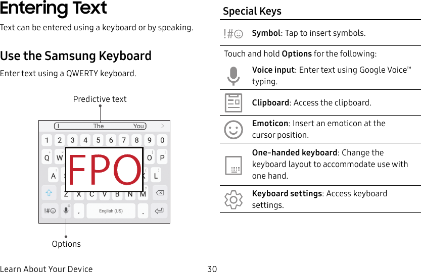 DRAFT&ndash;FOR INTERNAL USE ONLYLearn About Your Device 30Entering TextText can be entered using a keyboard or by speaking.Use the SamsungKeyboardEnter text using a QWERTY keyboard.Predictive textOptionsSpecial KeysSymbol: Tap to insert symbols.Touch and hold Options for the following:Voice input: Enter text using Google Voice&trade; typing.Clipboard: Access the clipboard.Emoticon: Insert an emoticon at the cursorposition.One-handed keyboard: Change the keyboard layout to accommodate use with one hand.Keyboard settings: Access keyboard settings.