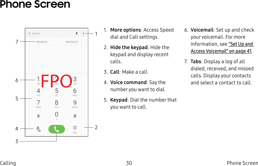 DRAFT–FOR INTERNAL USE ONLY30 Phone ScreenCallingPhone ScreenFPO21471.  More options: Access Speed dial and Call settings.2.  Hide the keypad: Hide the keypad and display recent calls.3.  Call: Make a call.4.  Voice command: Say the number you want to dial.5.  Keypad: Dial the number that you want to call.6.  Voicemail: Set up and check your voicemail. For more information, see “Set Up and Access Voicemail” on page41. 7.  Tabs: Display a log of all dialed, received, and missed calls. Display your contacts and select a contact to call.653