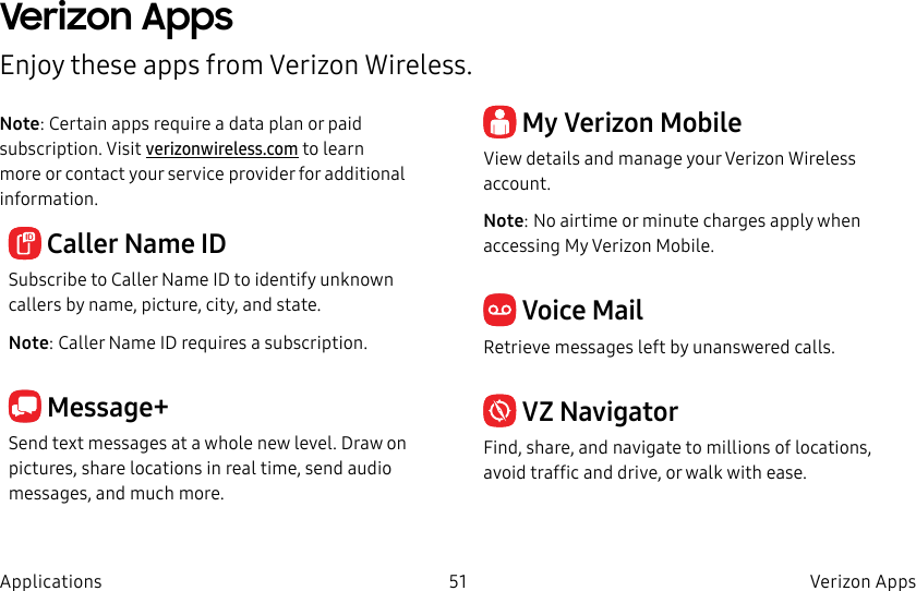 DRAFT–FOR INTERNAL USE ONLY51 Verizon AppsApplicationsVerizon AppsEnjoy these apps from VerizonWireless.Note: Certain apps require a data plan or paid subscription. Visit verizonwireless.com to learn more or contact your service provider for additional information. Caller Name IDSubscribe to Caller Name ID to identify unknown callers by name, picture, city, and state.Note: Caller Name ID requires a subscription. Message+Send text messages at a whole new level. Draw on pictures, share locations in real time, send audio messages, and much more. My Verizon MobileView details and manage your Verizon Wireless account.Note: No airtime or minute charges apply when accessing My Verizon Mobile. Voice MailRetrieve messages left by unanswered calls. VZ NavigatorFind, share, and navigate to millions of locations, avoid traffic and drive, or walk with ease.