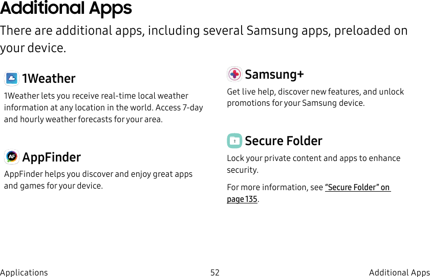 DRAFT–FOR INTERNAL USE ONLY52 Additional AppsApplicationsAdditional AppsThere are additional apps, including several Samsung apps, preloaded on your device. 1Weather1Weather lets you receive real-time local weather information at any location in the world. Access 7-day and hourly weather forecasts for your area. AppFinderAppFinder helps you discover and enjoy great apps and games for your device. Samsung+Get live help, discover new features, and unlock promotions for your Samsung device. Secure FolderLock your private content and apps to enhance security.For more information, see “Secure Folder” on page135.