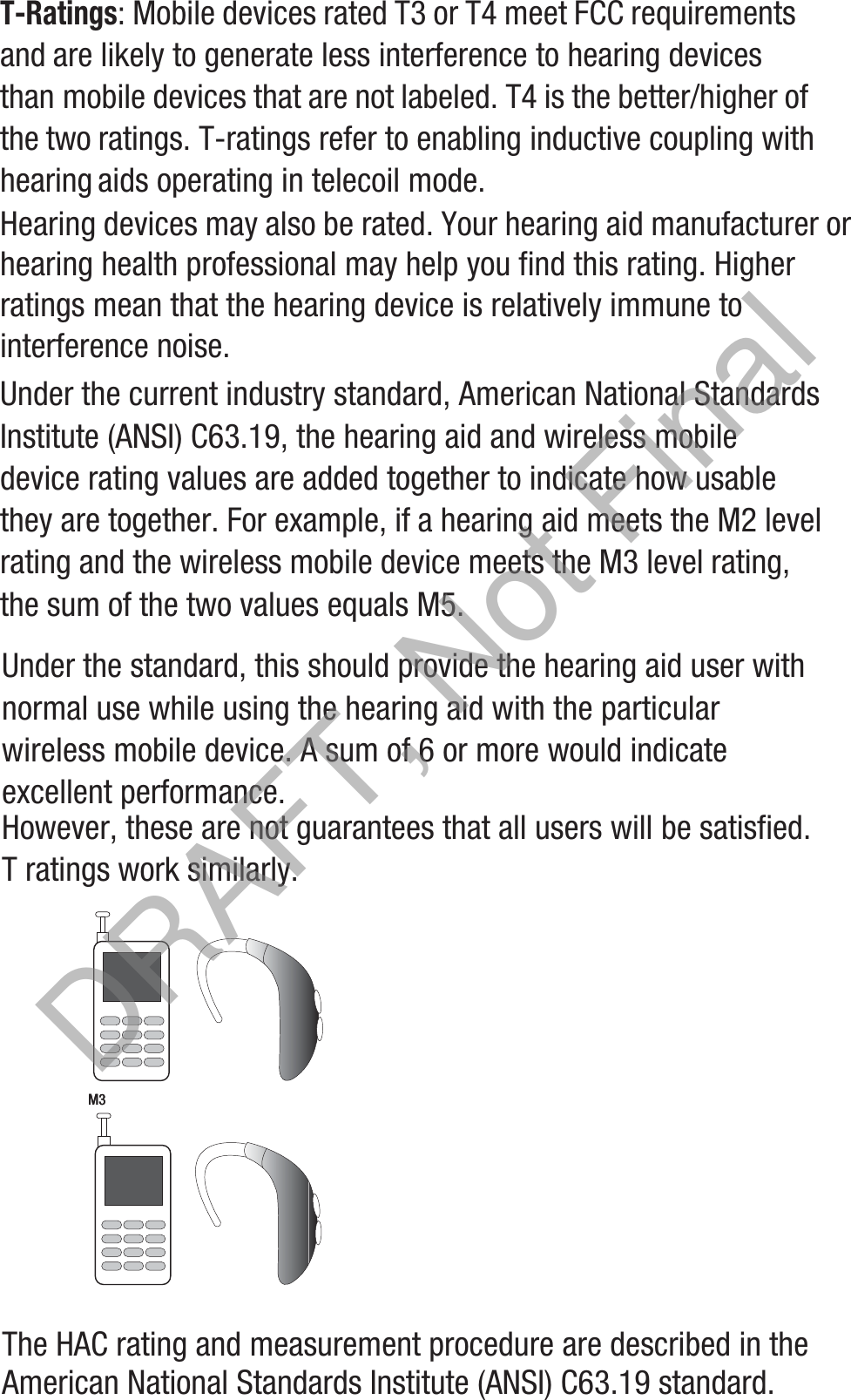 T-Ratings: Mobile devices rated T3 or T4 meet FCC requirements and are likely to generate less interference to hearing devices than mobile devices that are not labeled. T4 is the better/higher of the two ratings. T-ratings refer to enabling inductive coupling with hearing aids operating in telecoil mode.Hearing devices may also be rated. Your hearing aid manufacturer or hearing health professional may help you find this rating. Higher ratings mean that the hearing device is relatively immune to interference noise. Under the current industry standard, American National Standards Institute (ANSI) C63.19, the hearing aid and wireless mobile device rating values are added together to indicate how usable they are together. For example, if a hearing aid meets the M2 level rating and the wireless mobile device meets the M3 level rating, the sum of the two values equals M5. Under the standard, this should provide the hearing aid user with normal use while using the hearing aid with the particular wireless mobile device. A sum of 6 or more would indicate excellent performance.  However, these are not guarantees that all users will be satisfied. T ratings work similarly.The HAC rating and measurement procedure are described in the American National Standards Institute (ANSI) C63.19 standard.M3       M3DRAFT, Not Final