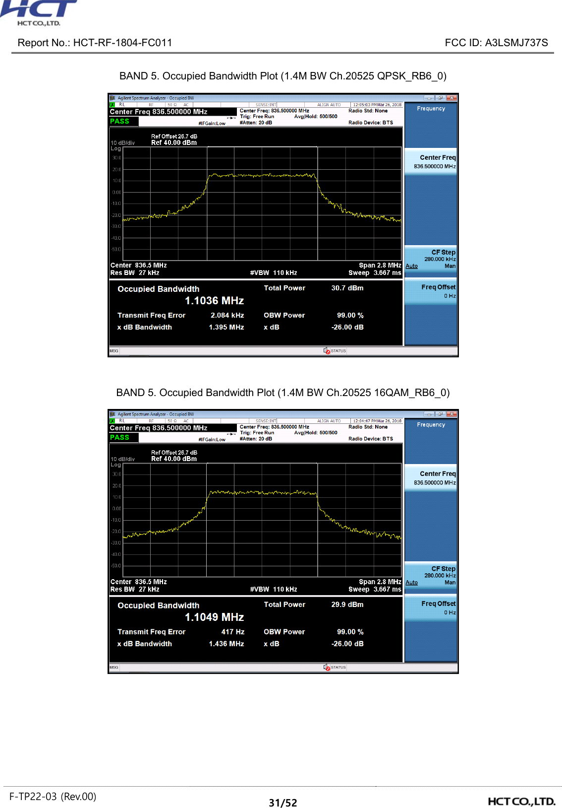  Report No.: HCT-RF-1804-FC011    FCC ID: A3LSMJ737S F-TP22-03 (Rev.00)  31/52  BAND 5. Occupied Bandwidth Plot (1.4M BW Ch.20525 QPSK_RB6_0)   BAND 5. Occupied Bandwidth Plot (1.4M BW Ch.20525 16QAM_RB6_0)    