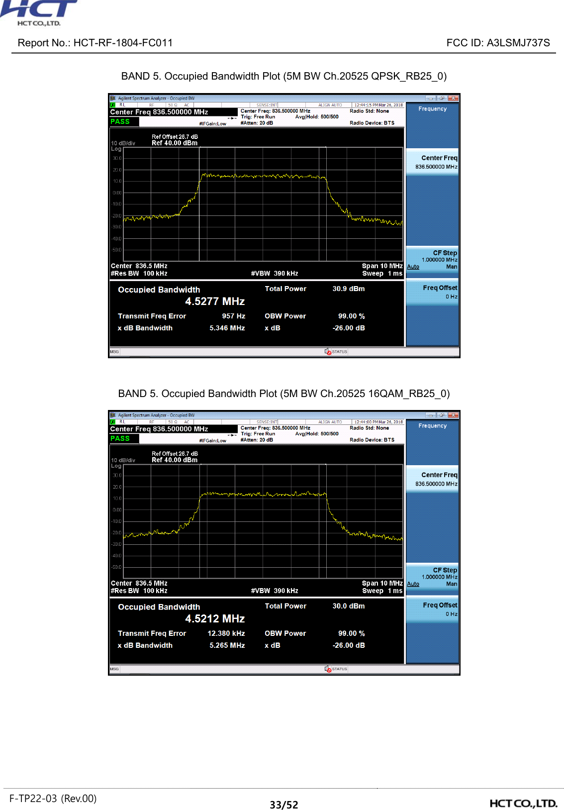  Report No.: HCT-RF-1804-FC011    FCC ID: A3LSMJ737S F-TP22-03 (Rev.00)  33/52  BAND 5. Occupied Bandwidth Plot (5M BW Ch.20525 QPSK_RB25_0)   BAND 5. Occupied Bandwidth Plot (5M BW Ch.20525 16QAM_RB25_0)     