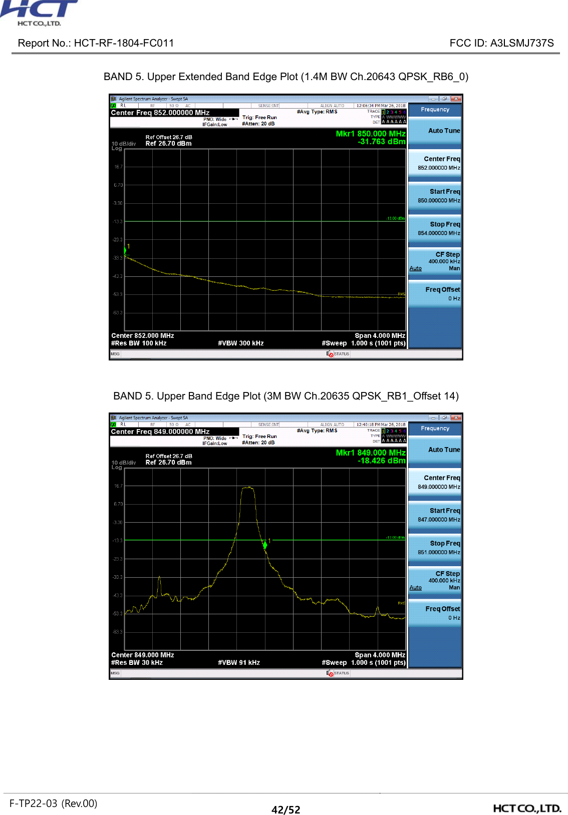  Report No.: HCT-RF-1804-FC011    FCC ID: A3LSMJ737S F-TP22-03 (Rev.00)  42/52  BAND 5. Upper Extended Band Edge Plot (1.4M BW Ch.20643 QPSK_RB6_0)   BAND 5. Upper Band Edge Plot (3M BW Ch.20635 QPSK_RB1_Offset 14)    