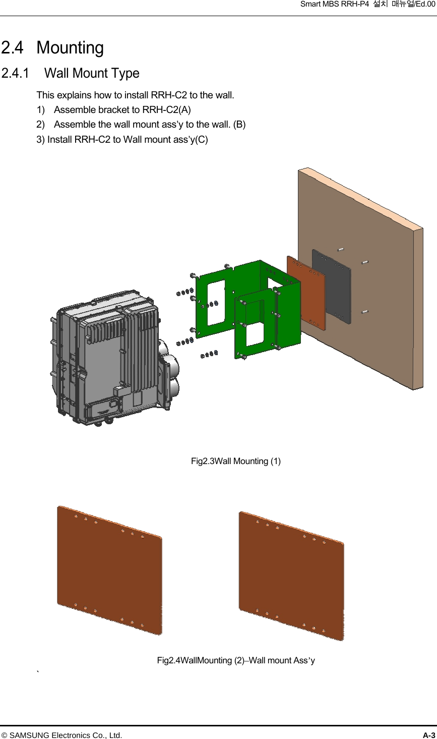  Smart MBS RRH-P4  설치  매뉴얼/Ed.00 © SAMSUNG Electronics Co., Ltd.  A-3 2.4  Mounting 2.4.1  Wall Mount Type This explains how to install RRH-C2 to the wall. 1)    Assemble bracket to RRH-C2(A) 2)    Assemble the wall mount ass’y to the wall. (B) 3) Install RRH-C2 to Wall mount ass’y(C)   Fig2.3Wall Mounting (1)   Fig2.4WallMounting (2)–Wall mount Ass’y `