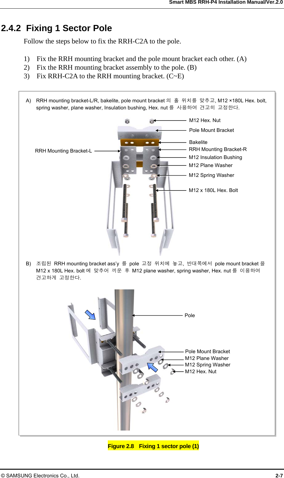  Smart MBS RRH-P4 Installation Manual/Ver.2.0 © SAMSUNG Electronics Co., Ltd.  2-7 2.4.2  Fixing 1 Sector Pole Follow the steps below to fix the RRH-C2A to the pole.  1)    Fix the RRH mounting bracket and the pole mount bracket each other. (A) 2)    Fix the RRH mounting bracket assembly to the pole. (B) 3)    Fix RRH-C2A to the RRH mounting bracket. (C~E)  Figure 2.8    Fixing 1 sector pole (1)A)    RRH mounting bracket-L/R, bakelite, pole mount bracket 의 홀 위치를 맞추고, M12 ×180L Hex. bolt, spring washer, plane washer, Insulation bushing, Hex. nut 를 사용하여 견고히 고정한다. B)  조립된  RRH mounting bracket ass’y  를 pole 고정 위치에 놓고,  반대쪽에서  pole mount bracket 을 M12 x 180L Hex. bolt 에 맞추어 끼운 후  M12 plane washer, spring washer, Hex. nut 를 이용하여  견고하게 고정한다. M12 Insulation Bushing M12 Hex. Nut Pole Mount Bracket Bakelite M12 Plane Washer M12 Spring Washer M12 x 180L Hex. Bolt RRH Mounting Bracket-R RRH Mounting Bracket-L Pole M12 Spring Washer M12 Plane Washer Pole Mount Bracket M12 Hex. Nut 