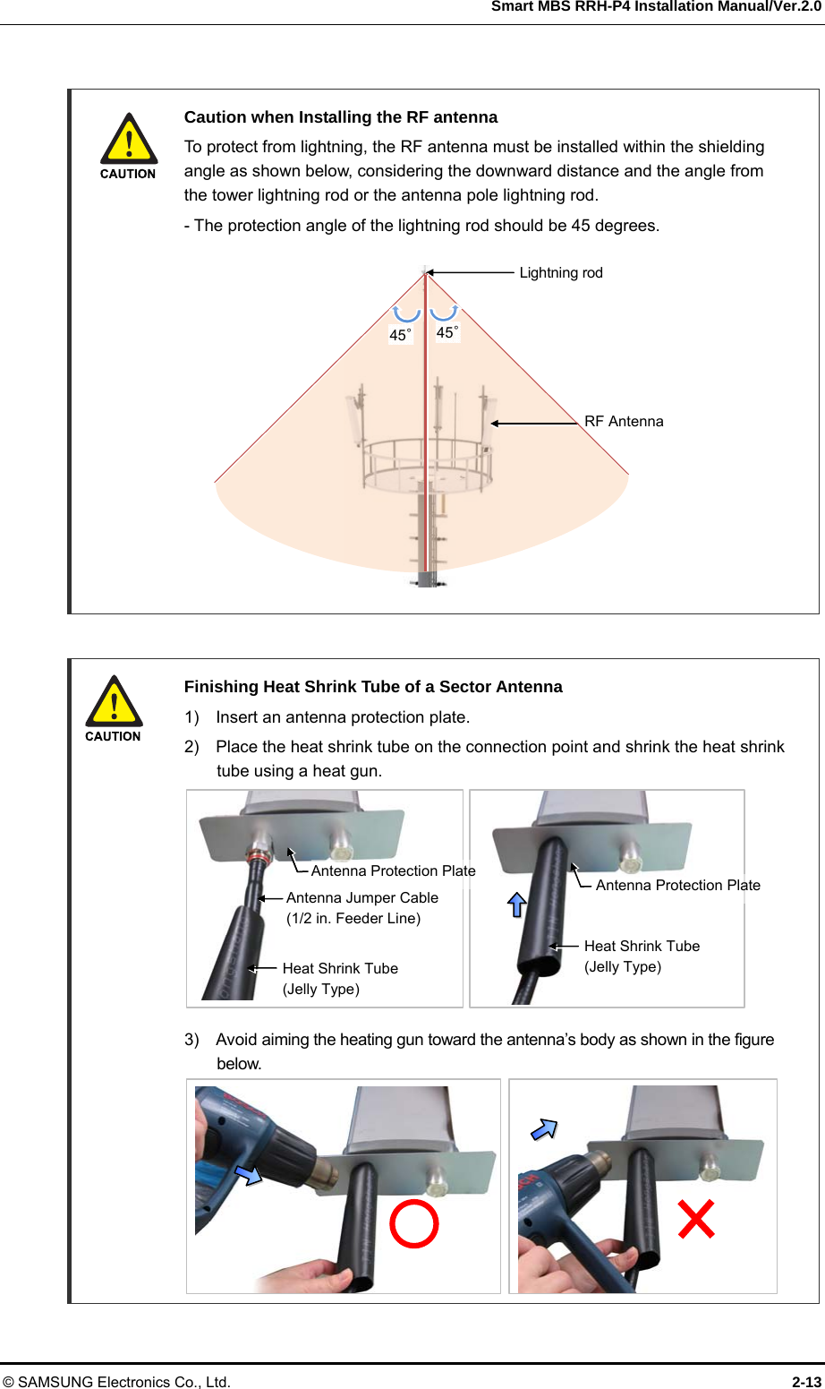  Smart MBS RRH-P4 Installation Manual/Ver.2.0 © SAMSUNG Electronics Co., Ltd.  2-13   Caution when Installing the RF antenna   To protect from lightning, the RF antenna must be installed within the shielding angle as shown below, considering the downward distance and the angle from the tower lightning rod or the antenna pole lightning rod.     - The protection angle of the lightning rod should be 45 degrees.                Finishing Heat Shrink Tube of a Sector Antenna   1)  Insert an antenna protection plate.   2)    Place the heat shrink tube on the connection point and shrink the heat shrink tube using a heat gun.           3)    Avoid aiming the heating gun toward the antenna’s body as shown in the figure below.        Lightning rod 45°45°RF Antenna Heat Shrink Tube (Jelly Type) Antenna Jumper Cable(1/2 in. Feeder Line) Heat Shrink Tube (Jelly Type) Antenna Protection PlateAntenna Protection Plate