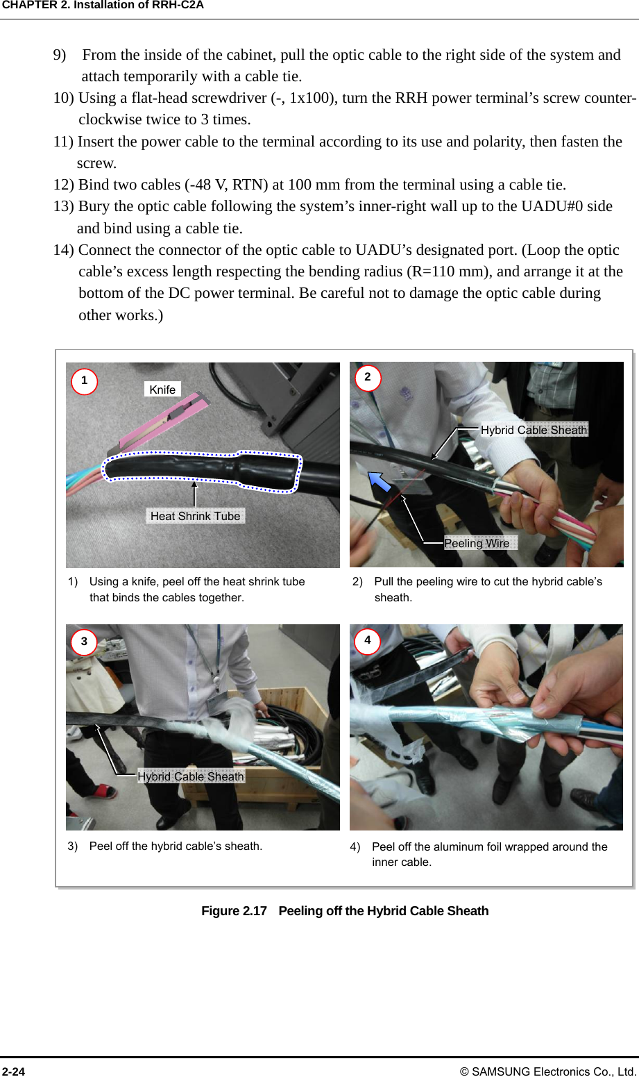 CHAPTER 2. Installation of RRH-C2A 2-24 © SAMSUNG Electronics Co., Ltd. 9)    From the inside of the cabinet, pull the optic cable to the right side of the system and attach temporarily with a cable tie. 10) Using a flat-head screwdriver (-, 1x100), turn the RRH power terminal’s screw counter-clockwise twice to 3 times. 11) Insert the power cable to the terminal according to its use and polarity, then fasten the screw. 12) Bind two cables (-48 V, RTN) at 100 mm from the terminal using a cable tie. 13) Bury the optic cable following the system’s inner-right wall up to the UADU#0 side and bind using a cable tie. 14) Connect the connector of the optic cable to UADU’s designated port. (Loop the optic cable’s excess length respecting the bending radius (R=110 mm), and arrange it at the bottom of the DC power terminal. Be careful not to damage the optic cable during other works.)  Figure 2.17    Peeling off the Hybrid Cable Sheath  Knife 1)    Using a knife, peel off the heat shrink tube that binds the cables together. 1 Heat Shrink Tube Peeling Wire Hybrid Cable Sheath 2)    Pull the peeling wire to cut the hybrid cable’s sheath. 23)    Peel off the hybrid cable’s sheath. Hybrid Cable Sheath 3  44)    Peel off the aluminum foil wrapped around the inner cable. 