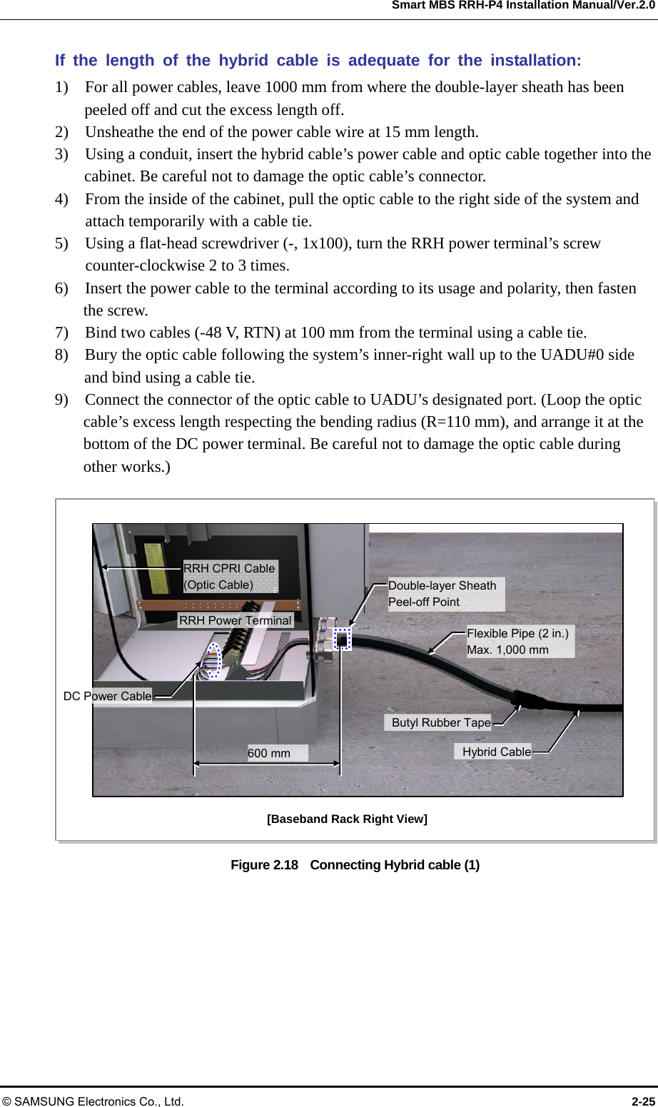  Smart MBS RRH-P4 Installation Manual/Ver.2.0 © SAMSUNG Electronics Co., Ltd.  2-25 If the length of the hybrid cable is adequate for the installation: 1)    For all power cables, leave 1000 mm from where the double-layer sheath has been peeled off and cut the excess length off. 2)    Unsheathe the end of the power cable wire at 15 mm length. 3)    Using a conduit, insert the hybrid cable’s power cable and optic cable together into the cabinet. Be careful not to damage the optic cable’s connector. 4)    From the inside of the cabinet, pull the optic cable to the right side of the system and attach temporarily with a cable tie. 5)    Using a flat-head screwdriver (-, 1x100), turn the RRH power terminal’s screw counter-clockwise 2 to 3 times. 6)    Insert the power cable to the terminal according to its usage and polarity, then fasten the screw. 7)    Bind two cables (-48 V, RTN) at 100 mm from the terminal using a cable tie. 8)    Bury the optic cable following the system’s inner-right wall up to the UADU#0 side and bind using a cable tie. 9)    Connect the connector of the optic cable to UADU’s designated port. (Loop the optic cable’s excess length respecting the bending radius (R=110 mm), and arrange it at the bottom of the DC power terminal. Be careful not to damage the optic cable during other works.)  Figure 2.18    Connecting Hybrid cable (1)  [Baseband Rack Right View] RRH Power TerminalDouble-layer Sheath Peel-off Point 600 mm RRH CPRI Cable(Optic Cable) Flexible Pipe (2 in.) Max. 1,000 mm Butyl Rubber TapeHybrid CableDC Power Cable