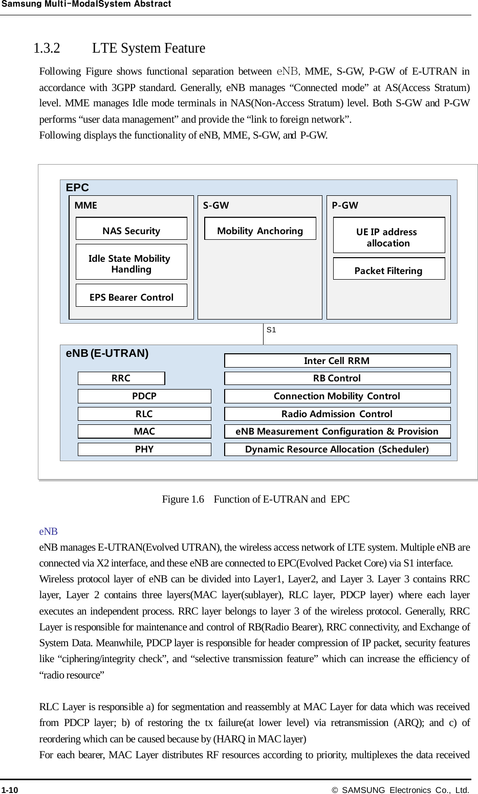 Samsung Multi-ModalSystem Abstract 1-10 © SAMSUNG Electronics Co., Ltd. 1.3.2 LTE System Feature   Following  Figure  shows functional separation between eNB, MME, S-GW, P-GW of E-UTRAN in accordance with 3GPP standard. Generally, eNB manages “Connected mode” at AS(Access Stratum) level. MME manages Idle mode terminals in NAS(Non-Access Stratum) level. Both S-GW and P-GW performs “user data management” and provide the “link to foreign network”. Following displays the functionality of eNB, MME, S-GW, and  P-GW.    Figure 1.6  Function of E-UTRAN and EPC  eNB eNB manages E-UTRAN(Evolved UTRAN), the wireless access network of LTE system. Multiple eNB are connected via X2 interface, and these eNB are connected to EPC(Evolved Packet Core) via S1 interface.   Wireless protocol layer of eNB can be divided into Layer1, Layer2, and Layer 3. Layer 3 contains RRC layer, Layer 2 contains three layers(MAC layer(sublayer), RLC layer, PDCP layer) where each layer executes an independent process. RRC layer belongs to layer 3 of the wireless protocol. Generally, RRC Layer is responsible for maintenance and control of RB(Radio Bearer), RRC connectivity, and Exchange of System Data. Meanwhile, PDCP layer is responsible for header compression of IP packet, security features like “ciphering/integrity check”, and “selective transmission feature” which can increase the efficiency of “radio resource”  RLC Layer is responsible a) for segmentation and reassembly at MAC Layer for data which was received from PDCP layer; b) of restoring the tx failure(at lower level) via retransmission (ARQ); and c) of reordering which can be caused because by (HARQ in MAC layer) For each bearer, MAC Layer distributes RF resources according to priority, multiplexes the data received S1EPCeNB(E-UTRAN)RRCPDCPRLCMACPHYMMENAS SecurityIdle State Mobility HandlingEPS Bearer  ControlS-GWMobility AnchoringP-GWUE IP address allocationPacket FilteringInter Cell RRMRB ControlConnection Mobility  ControlRadio Admission  ControleNB Measurement Configuration &amp; ProvisionDynamic Resource Allocation (Scheduler)
