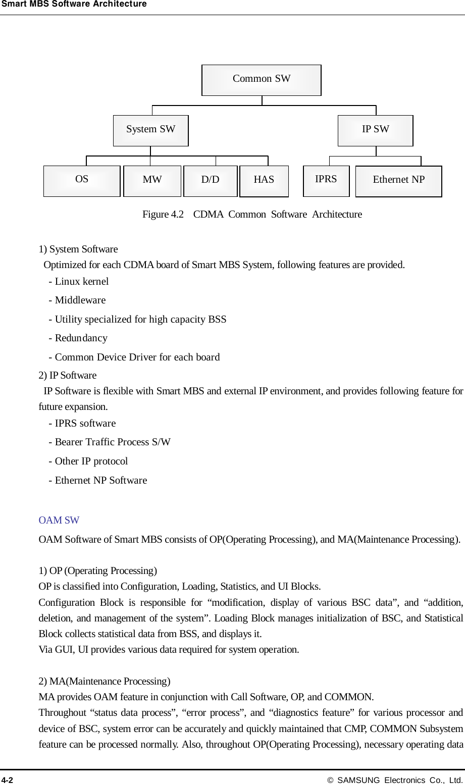 Smart MBS Software Architecture 4-2 © SAMSUNG Electronics Co., Ltd.  Figure 4.2  CDMA Common Software Architecture  1) System Software Optimized for each CDMA board of Smart MBS System, following features are provided. - Linux kernel - Middleware - Utility specialized for high capacity BSS - Redundancy - Common Device Driver for each board 2) IP Software IP Software is flexible with Smart MBS and external IP environment, and provides following feature for future expansion. - IPRS software - Bearer Traffic Process S/W - Other IP protocol   - Ethernet NP Software  OAM SW OAM Software of Smart MBS consists of OP(Operating Processing), and MA(Maintenance Processing).  1) OP (Operating Processing)   OP is classified into Configuration, Loading, Statistics, and UI Blocks. Configuration Block is responsible for “modification, display of various BSC data”, and “addition, deletion, and management of the system”. Loading Block manages initialization of BSC, and Statistical Block collects statistical data from BSS, and displays it.   Via GUI, UI provides various data required for system operation.  2) MA(Maintenance Processing) MA provides OAM feature in conjunction with Call Software, OP, and COMMON. Throughout “status data process”, “error process”, and “diagnostics feature” for various processor and device of BSC, system error can be accurately and quickly maintained that CMP, COMMON Subsystem feature can be processed normally. Also, throughout OP(Operating Processing), necessary operating data Common SW System SW IP SW OS MW D/D IPRS Ethernet NP HAS 