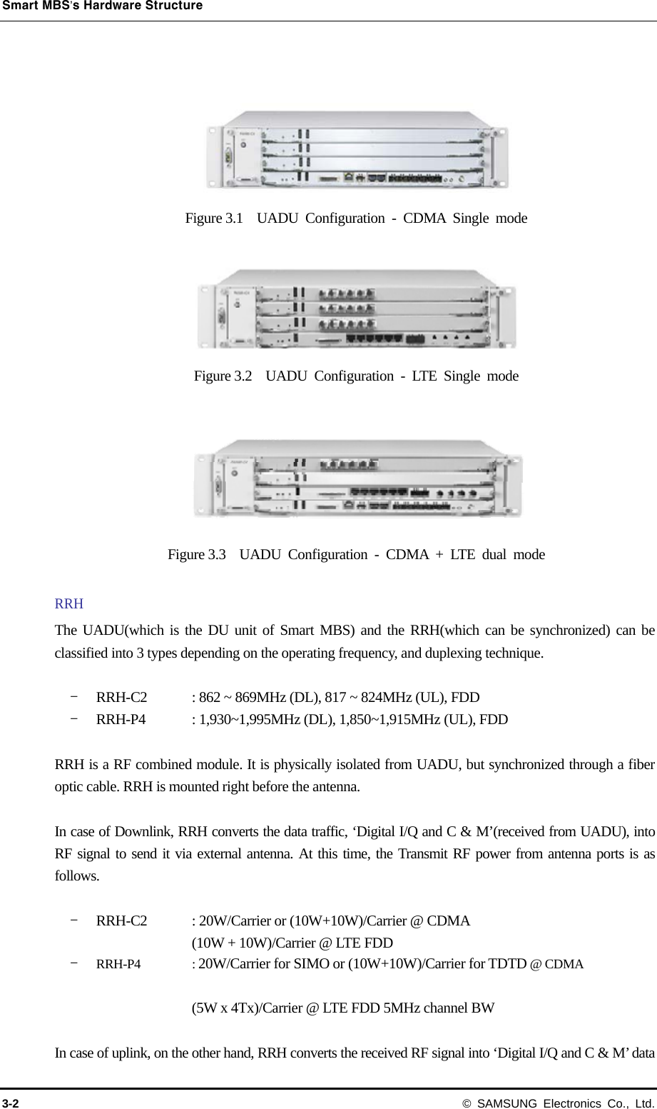 Smart MBS’s Hardware Structure 3-2 © SAMSUNG Electronics Co., Ltd.   Figure 3.1  UADU Configuration - CDMA Single mode  Figure 3.2  UADU Configuration - LTE Single mode  Figure 3.3  UADU Configuration - CDMA + LTE dual mode  RRH The UADU(which is the DU unit of Smart MBS) and the RRH(which can be synchronized) can be classified into 3 types depending on the operating frequency, and duplexing technique.  - RRH-C2    : 862 ~ 869MHz (DL), 817 ~ 824MHz (UL), FDD - RRH-P4  : 1,930~1,995MHz (DL), 1,850~1,915MHz (UL), FDD    RRH is a RF combined module. It is physically isolated from UADU, but synchronized through a fiber optic cable. RRH is mounted right before the antenna.  In case of Downlink, RRH converts the data traffic, ‘Digital I/Q and C &amp; M’(received from UADU), into RF signal to send it via external antenna. At this time, the Transmit RF power from antenna ports is as follows.  - RRH-C2  : 20W/Carrier or (10W+10W)/Carrier @ CDMA (10W + 10W)/Carrier @ LTE FDD - RRH-P4 : 20W/Carrier for SIMO or (10W+10W)/Carrier for TDTD @ CDMA  (5W x 4Tx)/Carrier @ LTE FDD 5MHz channel BW  In case of uplink, on the other hand, RRH converts the received RF signal into ‘Digital I/Q and C &amp; M’ data 