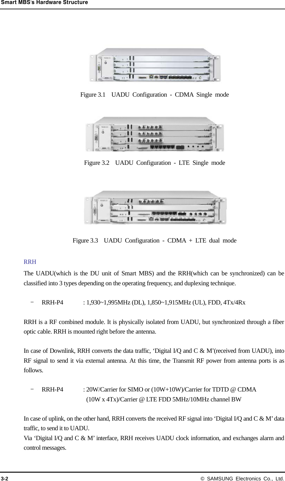 Smart MBS’s Hardware Structure 3-2 © SAMSUNG Electronics Co., Ltd.   Figure 3.1  UADU Configuration - CDMA Single mode  Figure 3.2  UADU Configuration - LTE Single mode  Figure 3.3  UADU Configuration - CDMA + LTE dual mode  RRH The UADU(which is the DU unit of Smart MBS) and the RRH(which can be synchronized) can be classified into 3 types depending on the operating frequency, and duplexing technique.  - RRH-P4  : 1,930~1,995MHz (DL), 1,850~1,915MHz (UL), FDD, 4Tx/4Rx      RRH is a RF combined module. It is physically isolated from UADU, but synchronized through a fiber optic cable. RRH is mounted right before the antenna.  In case of Downlink, RRH converts the data traffic, ‘Digital I/Q and C &amp; M’(received from UADU), into RF signal to send it via external antenna. At this time, the Transmit RF power from antenna ports is as follows.  - RRH-P4  : 20W/Carrier for SIMO or (10W+10W)/Carrier for TDTD @ CDMA (10W x 4Tx)/Carrier @ LTE FDD 5MHz/10MHz channel BW  In case of uplink, on the other hand, RRH converts the received RF signal into ‘Digital I/Q and C &amp; M’ data traffic, to send it to UADU. Via ‘Digital I/Q and C &amp; M’ interface, RRH receives UADU clock information, and exchanges alarm and control messages.  