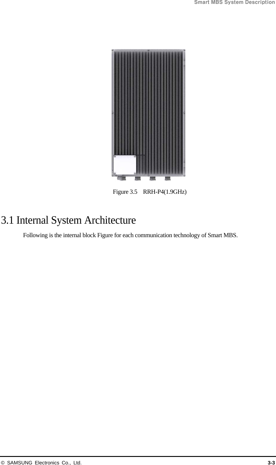  Smart MBS System Description © SAMSUNG Electronics Co., Ltd.  3-3    Figure 3.5  RRH-P4(1.9GHz)  3.1 Internal System Architecture Following is the internal block Figure for each communication technology of Smart MBS.  