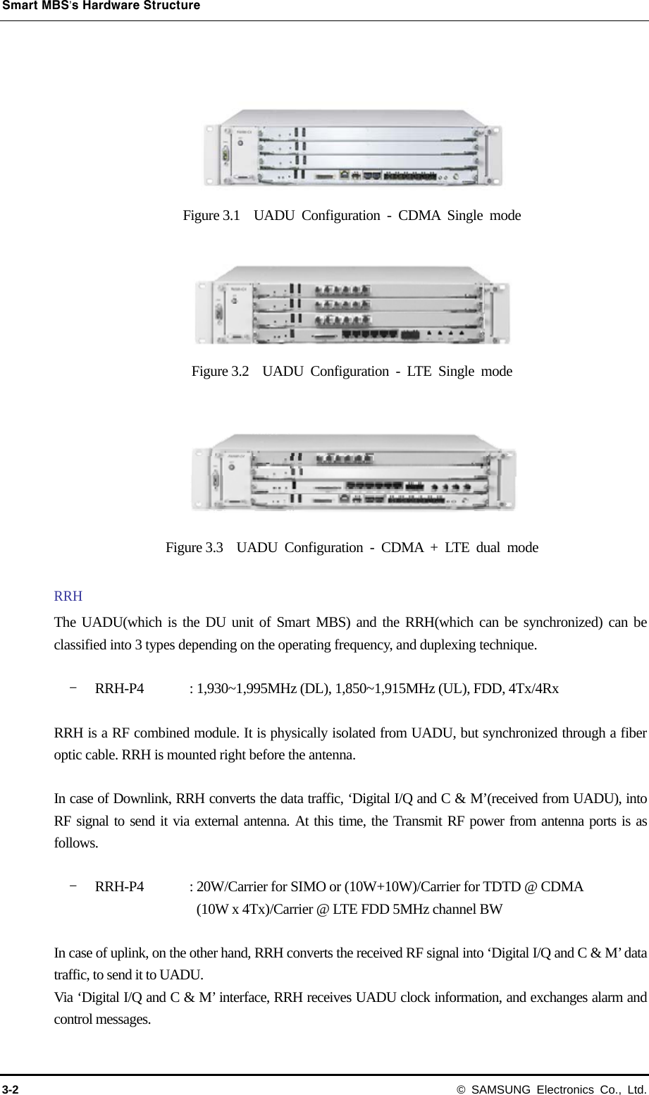 Smart MBS’s Hardware Structure 3-2 © SAMSUNG Electronics Co., Ltd.   Figure 3.1  UADU Configuration - CDMA Single mode  Figure 3.2  UADU Configuration - LTE Single mode  Figure 3.3  UADU Configuration - CDMA + LTE dual mode  RRH The UADU(which is the DU unit of Smart MBS) and the RRH(which can be synchronized) can be classified into 3 types depending on the operating frequency, and duplexing technique.  - RRH-P4  : 1,930~1,995MHz (DL), 1,850~1,915MHz (UL), FDD, 4Tx/4Rx      RRH is a RF combined module. It is physically isolated from UADU, but synchronized through a fiber optic cable. RRH is mounted right before the antenna.  In case of Downlink, RRH converts the data traffic, ‘Digital I/Q and C &amp; M’(received from UADU), into RF signal to send it via external antenna. At this time, the Transmit RF power from antenna ports is as follows.  - RRH-P4  : 20W/Carrier for SIMO or (10W+10W)/Carrier for TDTD @ CDMA (10W x 4Tx)/Carrier @ LTE FDD 5MHz channel BW  In case of uplink, on the other hand, RRH converts the received RF signal into ‘Digital I/Q and C &amp; M’ data traffic, to send it to UADU. Via ‘Digital I/Q and C &amp; M’ interface, RRH receives UADU clock information, and exchanges alarm and control messages.  
