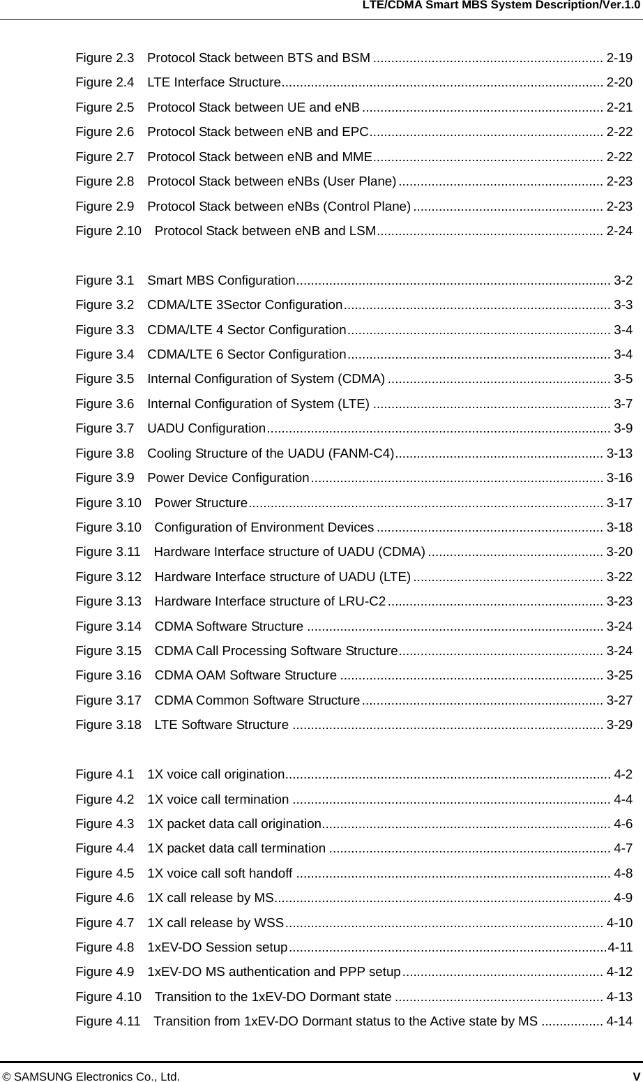   LTE/CDMA Smart MBS System Description/Ver.1.0 © SAMSUNG Electronics Co., Ltd.  V Figure 2.3  Protocol Stack between BTS and BSM ............................................................... 2-19 Figure 2.4    LTE Interface Structure........................................................................................ 2-20 Figure 2.5  Protocol Stack between UE and eNB.................................................................. 2-21 Figure 2.6  Protocol Stack between eNB and EPC................................................................ 2-22 Figure 2.7  Protocol Stack between eNB and MME............................................................... 2-22 Figure 2.8    Protocol Stack between eNBs (User Plane) ........................................................ 2-23 Figure 2.9    Protocol Stack between eNBs (Control Plane) .................................................... 2-23 Figure 2.10  Protocol Stack between eNB and LSM.............................................................. 2-24  Figure 3.1  Smart MBS Configuration...................................................................................... 3-2 Figure 3.2    CDMA/LTE 3Sector Configuration......................................................................... 3-3 Figure 3.3    CDMA/LTE 4 Sector Configuration........................................................................ 3-4 Figure 3.4    CDMA/LTE 6 Sector Configuration........................................................................ 3-4 Figure 3.5  Internal Configuration of System (CDMA) ............................................................. 3-5 Figure 3.6  Internal Configuration of System (LTE) ................................................................. 3-7 Figure 3.7    UADU Configuration.............................................................................................. 3-9 Figure 3.8    Cooling Structure of the UADU (FANM-C4)......................................................... 3-13 Figure 3.9  Power Device Configuration................................................................................ 3-16 Figure 3.10  Power Structure................................................................................................. 3-17 Figure 3.10  Configuration of Environment Devices .............................................................. 3-18 Figure 3.11  Hardware Interface structure of UADU (CDMA) ................................................ 3-20 Figure 3.12  Hardware Interface structure of UADU (LTE) .................................................... 3-22 Figure 3.13  Hardware Interface structure of LRU-C2........................................................... 3-23 Figure 3.14  CDMA Software Structure ................................................................................. 3-24 Figure 3.15    CDMA Call Processing Software Structure........................................................ 3-24 Figure 3.16    CDMA OAM Software Structure ........................................................................ 3-25 Figure 3.17  CDMA Common Software Structure.................................................................. 3-27 Figure 3.18  LTE Software Structure ..................................................................................... 3-29  Figure 4.1    1X voice call origination......................................................................................... 4-2 Figure 4.2    1X voice call termination ....................................................................................... 4-4 Figure 4.3    1X packet data call origination............................................................................... 4-6 Figure 4.4    1X packet data call termination ............................................................................. 4-7 Figure 4.5    1X voice call soft handoff ...................................................................................... 4-8 Figure 4.6    1X call release by MS............................................................................................ 4-9 Figure 4.7    1X call release by WSS....................................................................................... 4-10 Figure 4.8    1xEV-DO Session setup.......................................................................................4-11 Figure 4.9    1xEV-DO MS authentication and PPP setup....................................................... 4-12 Figure 4.10    Transition to the 1xEV-DO Dormant state ......................................................... 4-13 Figure 4.11    Transition from 1xEV-DO Dormant status to the Active state by MS ................. 4-14 