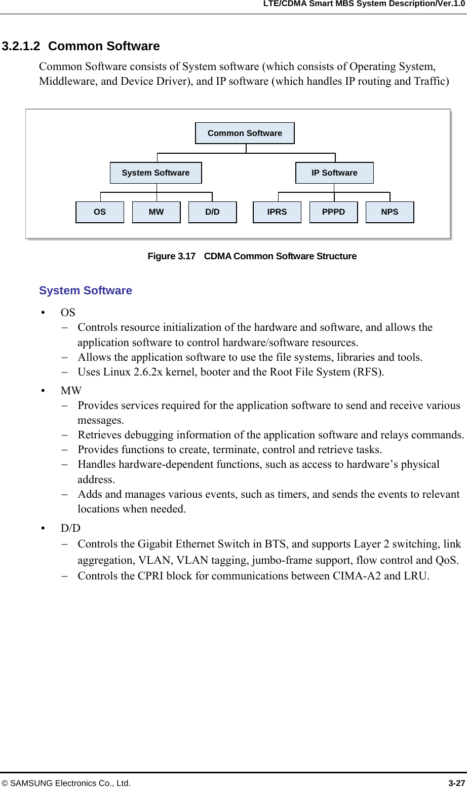   LTE/CDMA Smart MBS System Description/Ver.1.0 © SAMSUNG Electronics Co., Ltd.  3-27 3.2.1.2 Common Software Common Software consists of System software (which consists of Operating System, Middleware, and Device Driver), and IP software (which handles IP routing and Traffic)  Figure 3.17    CDMA Common Software Structure  System Software  OS  Controls resource initialization of the hardware and software, and allows the application software to control hardware/software resources.  Allows the application software to use the file systems, libraries and tools.  Uses Linux 2.6.2x kernel, booter and the Root File System (RFS).  MW  Provides services required for the application software to send and receive various messages.  Retrieves debugging information of the application software and relays commands.  Provides functions to create, terminate, control and retrieve tasks.  Handles hardware-dependent functions, such as access to hardware’s physical address.  Adds and manages various events, such as timers, and sends the events to relevant locations when needed.  D/D  Controls the Gigabit Ethernet Switch in BTS, and supports Layer 2 switching, link aggregation, VLAN, VLAN tagging, jumbo-frame support, flow control and QoS.  Controls the CPRI block for communications between CIMA-A2 and LRU.  Common Software System Software  IP Software OS  MW  D/D  IPRS  PPPD  NPS 