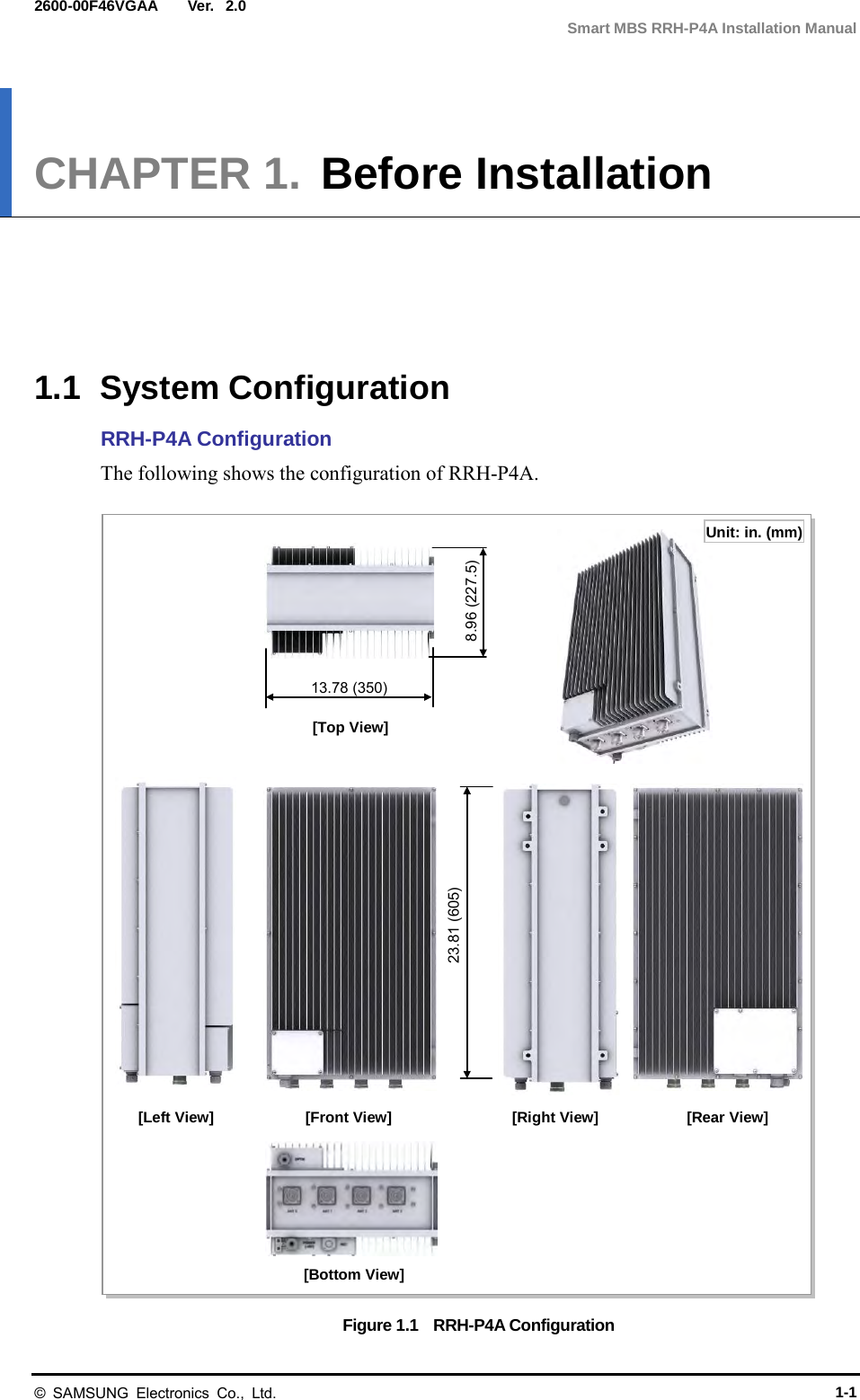  Ver.  Smart MBS RRH-P4A Installation Manual 2600-00F46VGAA 2.0 CHAPTER 1.  Before Installation      1.1 System Configuration RRH-P4A Configuration The following shows the configuration of RRH-P4A.  Figure 1.1  RRH-P4A Configuration [Top View] [Front View] [Bottom View] [Right View] [Left View] [Rear View] 23.81 (605) 8.96 (227.5) 13.78 (350) Unit: in. (mm) © SAMSUNG Electronics Co., Ltd. 1-1 