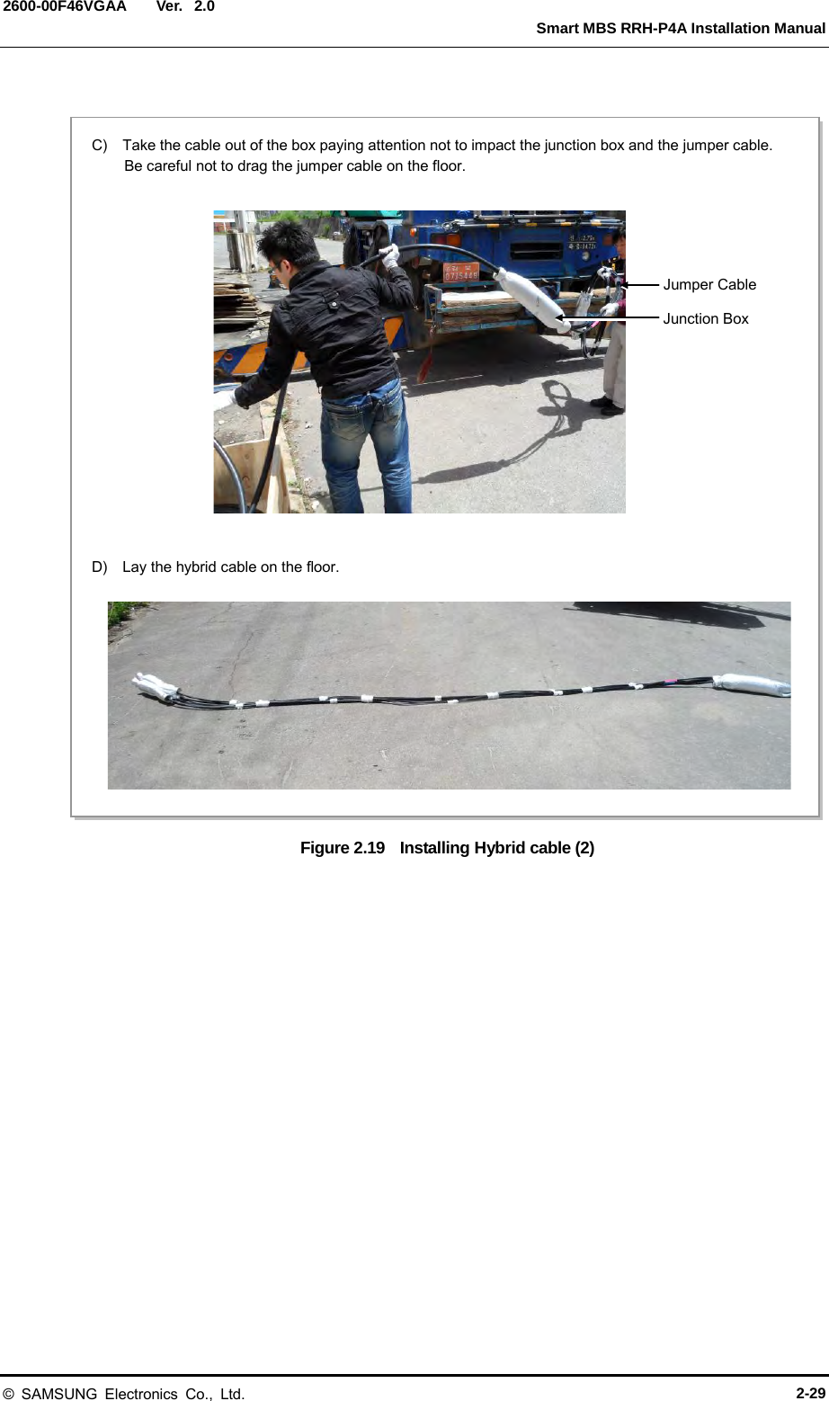  Ver.   Smart MBS RRH-P4A Installation Manual 2600-00F46VGAA 2.0  Figure 2.19   Installing Hybrid cable (2)  C)    Take the cable out of the box paying attention not to impact the junction box and the jumper cable.   Be careful not to drag the jumper cable on the floor.  D)    Lay the hybrid cable on the floor.  Junction Box Jumper Cable &copy; SAMSUNG Electronics Co., Ltd. 2-29 