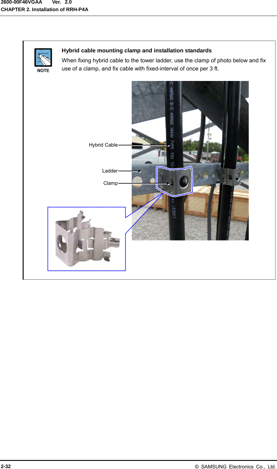  Ver.  CHAPTER 2. Installation of RRH-P4A 2600-00F46VGAA 2.0   Hybrid cable mounting clamp and installation standards  When fixing hybrid cable to the tower ladder, use the clamp of photo below and fix use of a clamp, and fix cable with fixed-interval of once per 3 ft.                        Clamp Ladder Hybrid Cable  2-32 © SAMSUNG Electronics Co., Ltd. 