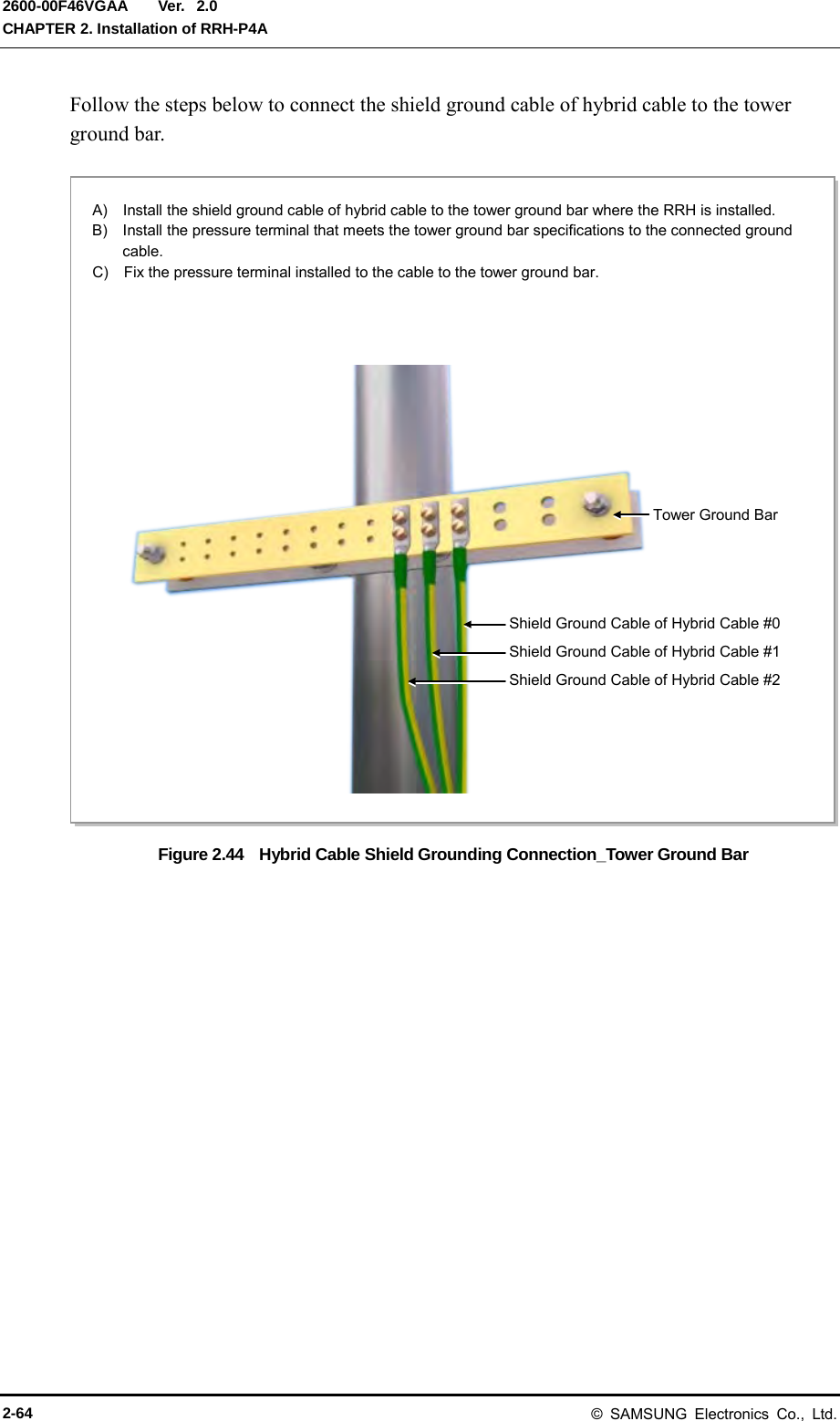  Ver.  CHAPTER 2. Installation of RRH-P4A 2600-00F46VGAA 2.0 Follow the steps below to connect the shield ground cable of hybrid cable to the tower ground bar.  Figure 2.44  Hybrid Cable Shield Grounding Connection_Tower Ground Bar   A)  Install the shield ground cable of hybrid cable to the tower ground bar where the RRH is installed. B)  Install the pressure terminal that meets the tower ground bar specifications to the connected ground cable.   C)  Fix the pressure terminal installed to the cable to the tower ground bar.  Tower Ground Bar Shield Ground Cable of Hybrid Cable #0 Shield Ground Cable of Hybrid Cable #1 Shield Ground Cable of Hybrid Cable #2 2-64 &copy; SAMSUNG Electronics Co., Ltd. 