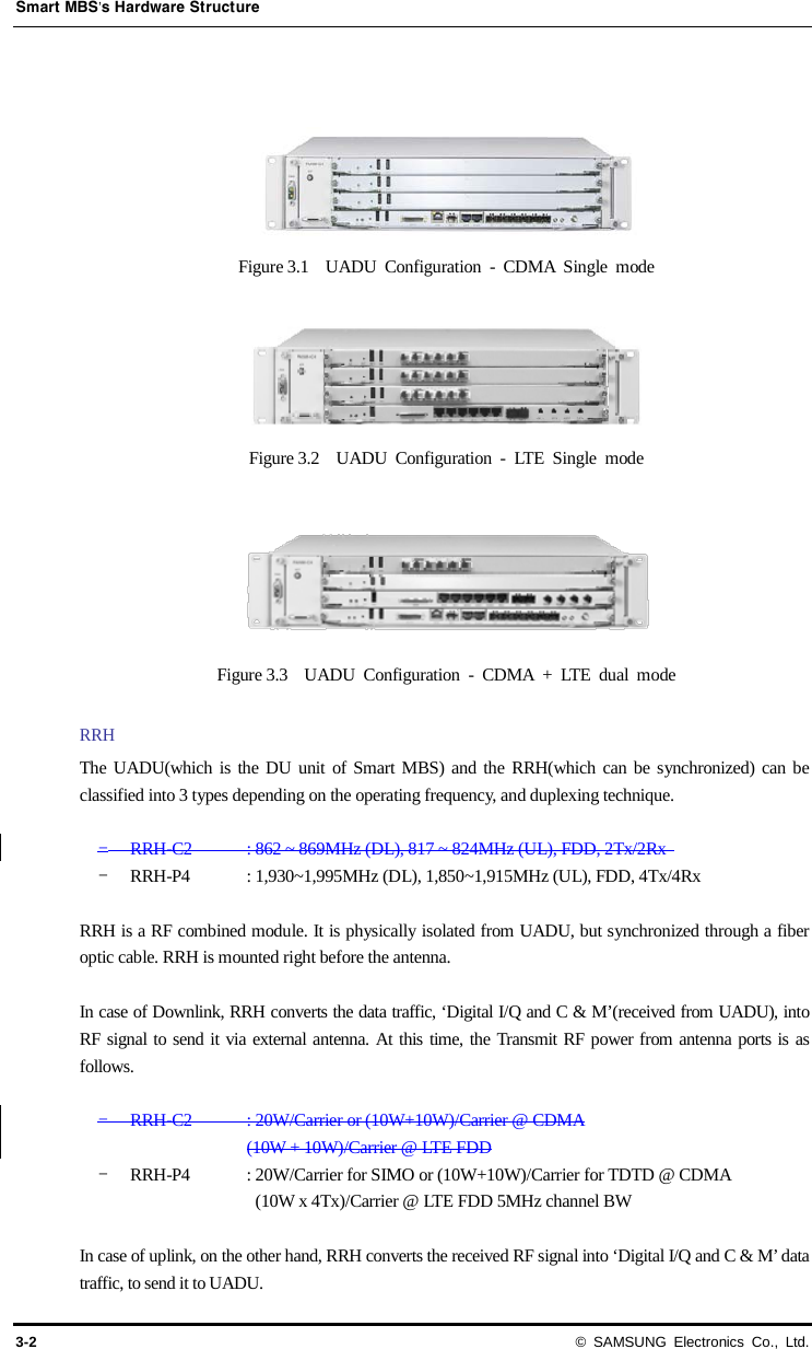 Smart MBS’s Hardware Structure 3-2 © SAMSUNG Electronics Co., Ltd.   Figure 3.1   UADU  Configuration - CDMA Single mode  Figure 3.2    UADU  Configuration  -  LTE Single mode  Figure 3.3    UADU  Configuration - CDMA + LTE dual mode  RRH The UADU(which is the DU unit of Smart MBS) and the RRH(which can be synchronized) can be classified into 3 types depending on the operating frequency, and duplexing technique.  - RRH-C2   : 862 ~ 869MHz (DL), 817 ~ 824MHz (UL), FDD, 2Tx/2Rx   - RRH-P4 : 1,930~1,995MHz (DL), 1,850~1,915MHz (UL), FDD, 4Tx/4Rx      RRH is a RF combined module. It is physically isolated from UADU, but synchronized through a fiber optic cable. RRH is mounted right before the antenna.  In case of Downlink, RRH converts the data traffic, ‘Digital I/Q and C &amp; M’(received from UADU), into RF signal to send it via external antenna. At this time, the Transmit RF power from antenna ports is as follows.  - RRH-C2 : 20W/Carrier or (10W+10W)/Carrier @ CDMA (10W + 10W)/Carrier @ LTE FDD - RRH-P4 : 20W/Carrier for SIMO or (10W+10W)/Carrier for TDTD @ CDMA (10W x 4Tx)/Carrier @ LTE FDD 5MHz channel BW  In case of uplink, on the other hand, RRH converts the received RF signal into ‘Digital I/Q and C &amp; M’ data traffic, to send it to UADU. 