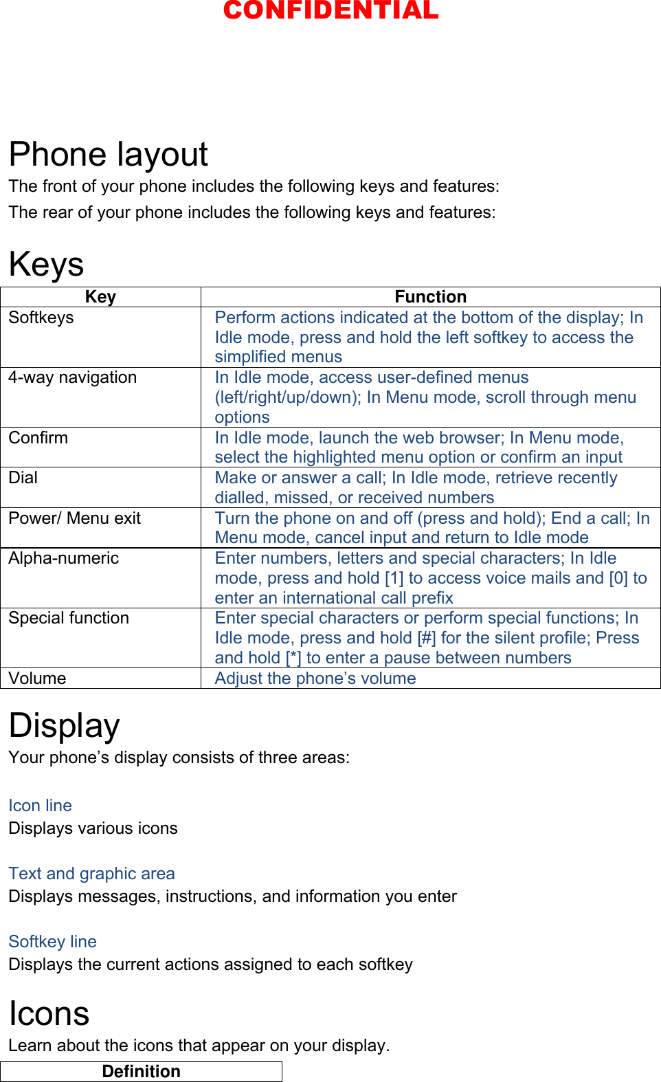  Phone layout The front of your phone includes the following keys and features: The rear of your phone includes the following keys and features:  Keys Key Function Softkeys  Perform actions indicated at the bottom of the display; In Idle mode, press and hold the left softkey to access the simplified menus 4-way navigation  In Idle mode, access user-defined menus (left/right/up/down); In Menu mode, scroll through menu options Confirm  In Idle mode, launch the web browser; In Menu mode, select the highlighted menu option or confirm an input Dial  Make or answer a call; In Idle mode, retrieve recently dialled, missed, or received numbers Power/ Menu exit  Turn the phone on and off (press and hold); End a call; In Menu mode, cancel input and return to Idle mode Alpha-numeric  Enter numbers, letters and special characters; In Idle mode, press and hold [1] to access voice mails and [0] to enter an international call prefix Special function  Enter special characters or perform special functions; In Idle mode, press and hold [#] for the silent profile; Press and hold [*] to enter a pause between numbers Volume  Adjust the phone’s volume  Display Your phone’s display consists of three areas:  Icon line Displays various icons  Text and graphic area Displays messages, instructions, and information you enter  Softkey line Displays the current actions assigned to each softkey  Icons Learn about the icons that appear on your display. Definition CONFIDENTIAL