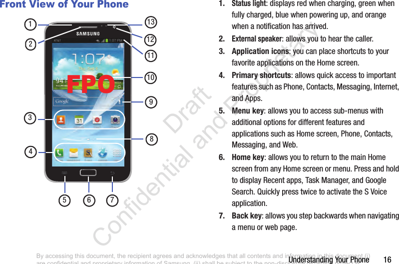 Understanding Your Phone       16Front View of Your Phone 1.Status light: displays red when charging, green when fully charged, blue when powering up, and orange when a notification has arrived.2.External speaker: allows you to hear the caller.3. Application icons: you can place shortcuts to your favorite applications on the Home screen.4. Primary shortcuts: allows quick access to important features such as Phone, Contacts, Messaging, Internet, and Apps. 5. Menu key: allows you to access sub-menus with additional options for different features and applications such as Home screen, Phone, Contacts, Messaging, and Web.6. Home key: allows you to return to the main Home screen from any Home screen or menu. Press and hold to display Recent apps, Task Manager, and Google Search. Quickly press twice to activate the S Voice application.7. Back key: allows you step backwards when navigating a menu or web page.73245861131211109FPOBy accessing this document, the recipient agrees and acknowledges that all contents and information in this document (i) are confidential and proprietary information of Samsung, (ii) shall be subject to the non-disclosure regarding project H  and Project B, and (iii) shall not be disclosed by the recipient to any third party. Samsung Proprietary and Confidential                    Draft Confidential and Proprietary 