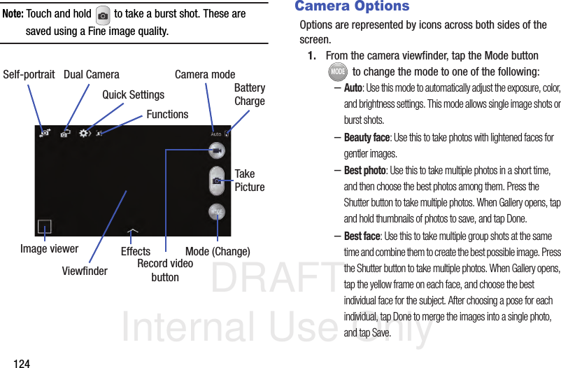 DRAFT Internal Use Only124Note: Touch and hold   to take a burst shot. These are saved using a Fine image quality.Camera OptionsOptions are represented by icons across both sides of the screen. 1. From the camera viewfinder, tap the Mode button  to change the mode to one of the following:–Auto: Use this mode to automatically adjust the exposure, color, and brightness settings. This mode allows single image shots or burst shots.–Beauty face: Use this to take photos with lightened faces for gentler images.–Best photo: Use this to take multiple photos in a short time, and then choose the best photos among them. Press the Shutter button to take multiple photos. When Gallery opens, tap and hold thumbnails of photos to save, and tap Done.–Best face: Use this to take multiple group shots at the same time and combine them to create the best possible image. Press the Shutter button to take multiple photos. When Gallery opens, tap the yellow frame on each face, and choose the best individual face for the subject. After choosing a pose for each individual, tap Done to merge the images into a single photo, and tap Save.Dual CameraSelf-portraitEffectsRecord videobuttonCamera modeQuick Settings BatteryChargeImage viewerTakePictureMode (Change)ViewfinderFunctionsMODE