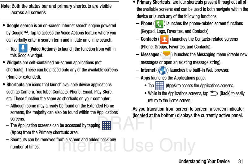 DRAFT Internal Use OnlyUnderstanding Your Device       31Note: Both the status bar and primary shortcuts are visible across all screens.• Google search is an on-screen Internet search engine powered by Google™. Tap to access the Voice Actions feature where you can verbally enter a search term and initiate an online search.–Tap  (Voice Actions) to launch the function from within this Google widget. • Widgets are self-contained on-screen applications (not shortcuts). These can be placed onto any of the available screens (Home or extended). • Shortcuts are icons that launch available device applications such as Camera, YouTube, Contacts, Phone, Email, Play Store, etc. These function the same as shortcuts on your computer.–Although some may already be found on the Extended Home screens, the majority can also be found within the Applications screens.–The Application screens can be accessed by tapping   (Apps) from the Primary shortcuts area.–Shortcuts can be removed from a screen and added back any number of times.• Primary Shortcuts: are four shortcuts present throughout all of the available screens and can be used to both navigate within the device or launch any of the following functions:–Phone ( ) launches the phone-related screen functions (Keypad, Logs, Favorites, and Contacts).  –Contacts ( ) launches the Contacts-related screens (Phone, Groups, Favorites, and Contacts). –Messages ( ) launches the Messaging menu (create new messages or open an existing message string).–Internet ( ) launches the built-in Web browser.–Apps launches the Applications page.•Tap  (Apps) to access the Applications screens.•While in the Applications screens, tap  (Back) to easily return to the Home screen.As you transition from screen to screen, a screen indicator (located at the bottom) displays the currently active panel.     