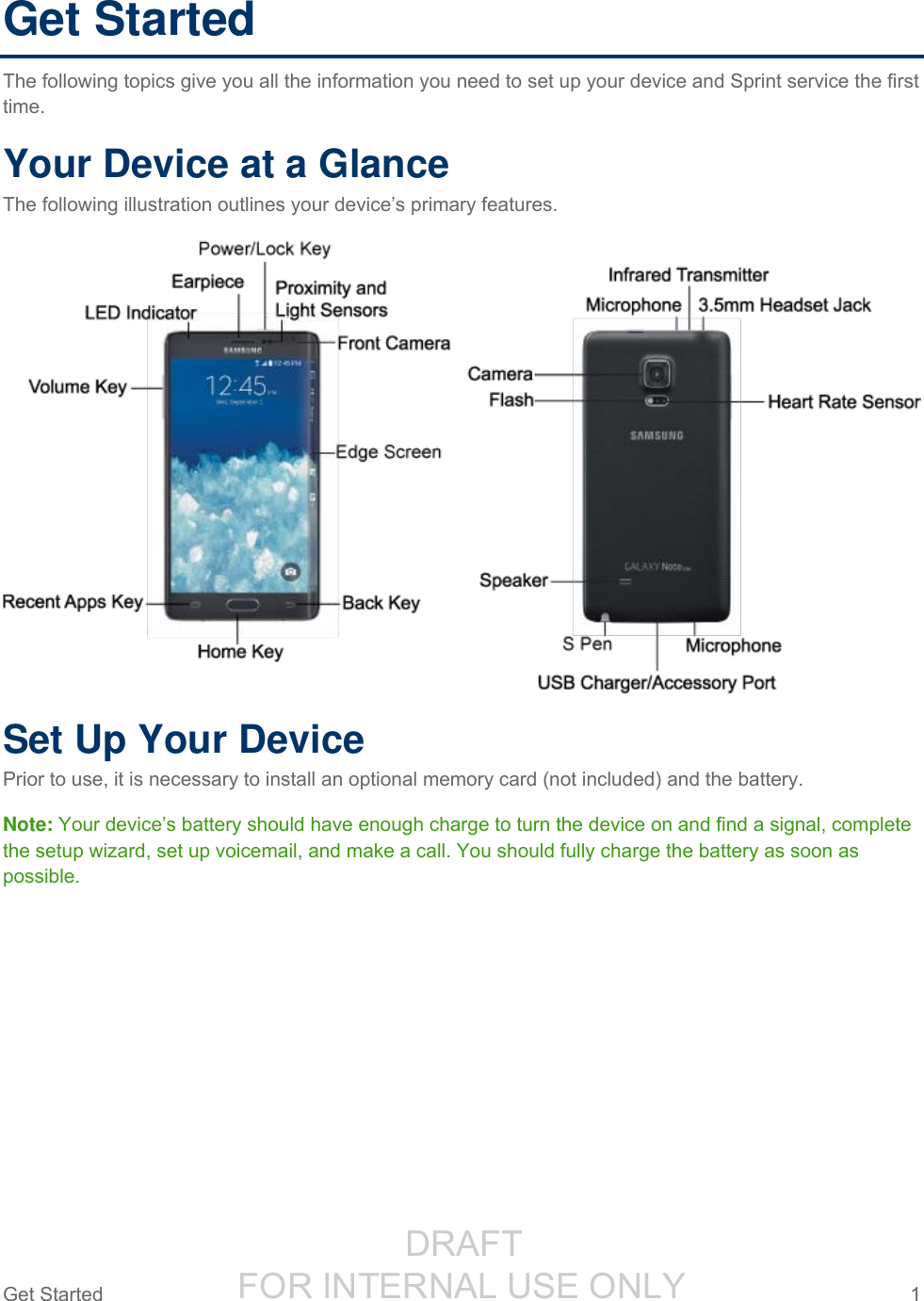                  DRAFT FOR INTERNAL USE ONLYGet Started  1   Get Started The following topics give you all the information you need to set up your device and Sprint service the first time. Your Device at a Glance The following illustration outlines your device’s primary features.  Set Up Your Device Prior to use, it is necessary to install an optional memory card (not included) and the battery. Note: Your device’s battery should have enough charge to turn the device on and find a signal, complete the setup wizard, set up voicemail, and make a call. You should fully charge the battery as soon as possible. 