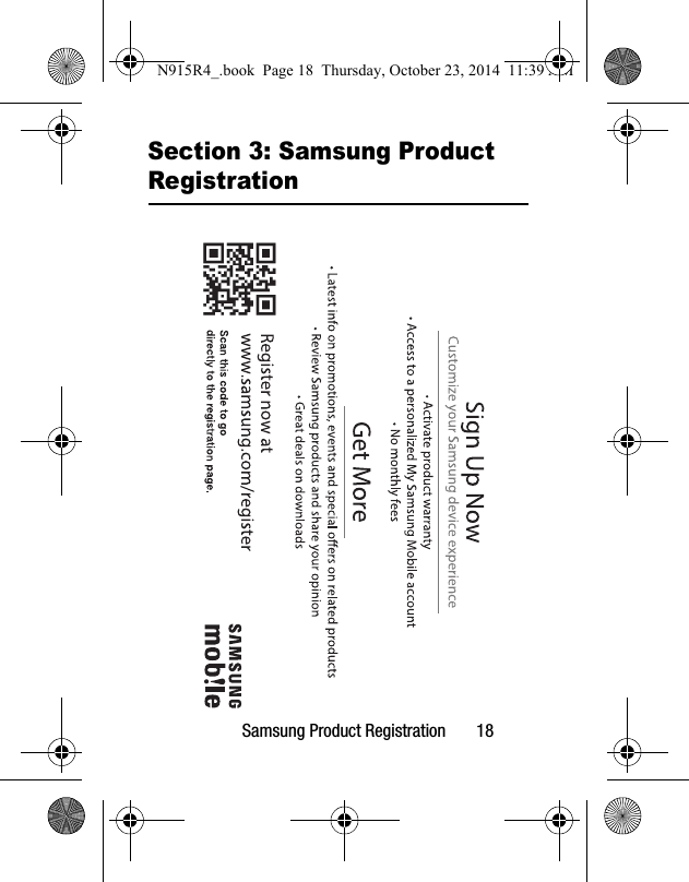 Samsung Product Registration       18Section 3: Samsung Product RegistrationN915R4_.book  Page 18  Thursday, October 23, 2014  11:39 AM