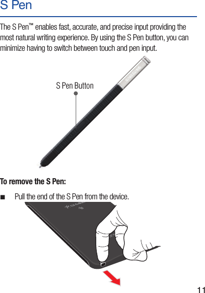 11S Pen The S Pen™ enables fast, accurate, and precise input providing the most natural writing experience. By using the S Pen button, you can minimize having to switch between touch and pen input.To remove the S Pen: ¬Pull the end of the S Pen from the device. S Pen Button