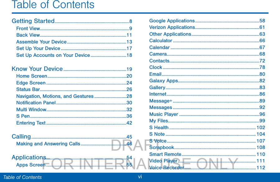                 DRAFT FOR INTERNAL USE ONLYvi  Table of ContentsTable of ContentsGetting Started ............................................................8Front View ........................................................................9Back View ......................................................................11Assemble Your Device ................................................13Set Up Your Device .....................................................17Set Up Accounts on Your Device .............................18Know Your Device ...................................................19Home Screen ................................................................20Edge Screen .................................................................24Status Bar ......................................................................26Navigation, Motions, and Gestures ..........................28Notiﬁcation Panel .........................................................30Multi Window.................................................................32S Pen ..............................................................................36Entering Text .................................................................42Calling .............................................................................45Making and Answering Calls .....................................46Applications .................................................................54Apps Screen .................................................................55Google Applications ....................................................58Verizon Applications ....................................................61Other Applications .......................................................63Calculator ......................................................................66Calendar ........................................................................67Camera ...........................................................................68Contacts.........................................................................72Clock ..............................................................................78Email ...............................................................................80Galaxy Apps ..................................................................82Gallery ............................................................................83Internet ...........................................................................86Message+ ......................................................................89Messages ......................................................................92Music Player .................................................................96My Files ..........................................................................99S Health ...................................................................... 102S Note ......................................................................... 104S Voice ........................................................................ 107Scrapbook .................................................................. 108Smart Remote ............................................................ 110Video Player ............................................................... 111Voice Recorder.......................................................... 112