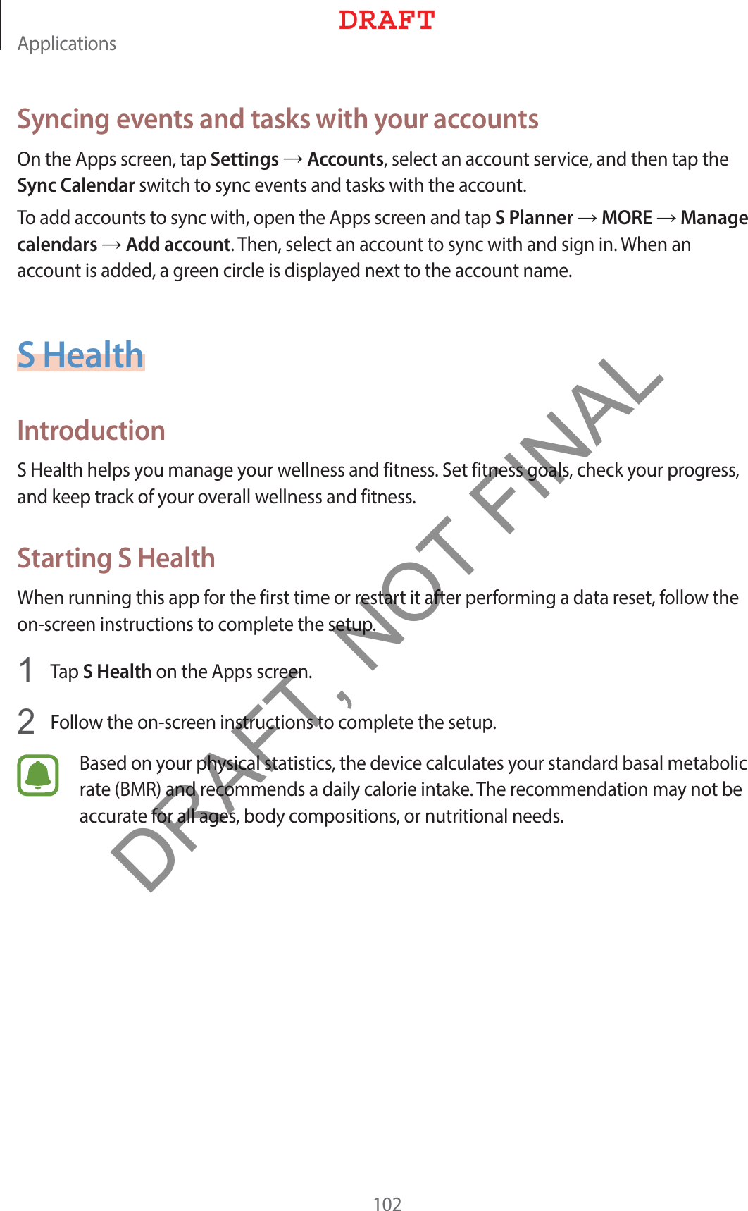 &quot;QQMJDBUJPOTSyncing events and tasks with your accounts0OUIF&quot;QQTTDSFFOUBQSettingsĺAccountsTFMFDUBOBDDPVOUTFSWJDFBOEUIFOUBQUIFSync CalendarTXJUDIUPTZODFWFOUTBOEUBTLTXJUIUIFBDDPVOU5PBEEBDDPVOUTUPTZODXJUIPQFOUIF&quot;QQTTDSFFOBOEUBQS PlannerĺMOREĺManage calendarsĺAdd account5IFOTFMFDUBOBDDPVOUUPTZODXJUIBOETJHOJO8IFOBOBDDPVOUJTBEEFEBHSFFODJSDMFJTEJTQMBZFEOFYUUPUIFBDDPVOUOBNFS HealthIntroduction4)FBMUIIFMQTZPVNBOBHFZPVSXFMMOFTTBOEGJUOFTT4FUGJUOFTTHPBMTDIFDLZPVSQSPHSFTTBOELFFQUSBDLPGZPVSPWFSBMMXFMMOFTTBOEGJUOFTTStarting S Health8IFOSVOOJOHUIJTBQQGPSUIFGJSTUUJNFPSSFTUBSUJUBGUFSQFSGPSNJOHBEBUBSFTFUGPMMPXUIFPOTDSFFOJOTUSVDUJPOTUPDPNQMFUFUIFTFUVQ 5BQS HealthPOUIF&quot;QQTTDSFFO &apos;PMMPXUIFPOTDSFFOJOTUSVDUJPOTUPDPNQMFUFUIFTFUVQ#BTFEPOZPVSQIZTJDBMTUBUJTUJDTUIFEFWJDFDBMDVMBUFTZPVSTUBOEBSECBTBMNFUBCPMJDSBUF#.3BOESFDPNNFOETBEBJMZDBMPSJFJOUBLF5IFSFDPNNFOEBUJPONBZOPUCFBDDVSBUFGPSBMMBHFTCPEZDPNQPTJUJPOTPSOVUSJUJPOBMOFFET%3&quot;&apos;5DRAFT, NOT FINAL