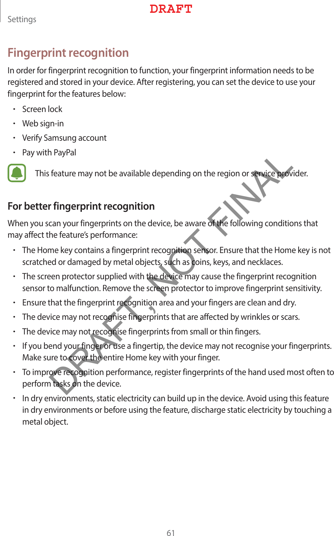 4FUUJOHTFingerprint recognition*OPSEFSGPSGJOHFSQSJOUSFDPHOJUJPOUPGVODUJPOZPVSGJOHFSQSJOUJOGPSNBUJPOOFFETUPCFSFHJTUFSFEBOETUPSFEJOZPVSEFWJDF&quot;GUFSSFHJTUFSJOHZPVDBOTFUUIFEFWJDFUPVTFZPVSGJOHFSQSJOUGPSUIFGFBUVSFTCFMPXr4DSFFOMPDLr8FCTJHOJOr7FSJGZ4BNTVOHBDDPVOUr1BZXJUI1BZ1BM5IJTGFBUVSFNBZOPUCFBWBJMBCMFEFQFOEJOHPOUIFSFHJPOPSTFSWJDFQSPWJEFSFor better fingerprint recognition8IFOZPVTDBOZPVSGJOHFSQSJOUTPOUIFEFWJDFCFBXBSFPGUIFGPMMPXJOHDPOEJUJPOTUIBUNBZBGGFDUUIFGFBUVSFTQFSGPSNBODFr5IF)PNFLFZDPOUBJOTBGJOHFSQSJOUSFDPHOJUJPOTFOTPS&amp;OTVSFUIBUUIF)PNFLFZJTOPUTDSBUDIFEPSEBNBHFECZNFUBMPCKFDUTTVDIBTDPJOTLFZTBOEOFDLMBDFTr5IFTDSFFOQSPUFDUPSTVQQMJFEXJUIUIFEFWJDFNBZDBVTFUIFGJOHFSQSJOUSFDPHOJUJPOTFOTPSUPNBMGVODUJPO3FNPWFUIFTDSFFOQSPUFDUPSUPJNQSPWFGJOHFSQSJOUTFOTJUJWJUZr&amp;OTVSFUIBUUIFGJOHFSQSJOUSFDPHOJUJPOBSFBBOEZPVSGJOHFSTBSFDMFBOBOEESZr5IFEFWJDFNBZOPUSFDPHOJTFGJOHFSQSJOUTUIBUBSFBGGFDUFECZXSJOLMFTPSTDBSTr5IFEFWJDFNBZOPUSFDPHOJTFGJOHFSQSJOUTGSPNTNBMMPSUIJOGJOHFSTr*GZPVCFOEZPVSGJOHFSPSVTFBGJOHFSUJQUIFEFWJDFNBZOPUSFDPHOJTFZPVSGJOHFSQSJOUT.BLFTVSFUPDPWFSUIFFOUJSF)PNFLFZXJUIZPVSGJOHFSr5PJNQSPWFSFDPHOJUJPOQFSGPSNBODFSFHJTUFSGJOHFSQSJOUTPGUIFIBOEVTFENPTUPGUFOUPQFSGPSNUBTLTPOUIFEFWJDFr*OESZFOWJSPONFOUTTUBUJDFMFDUSJDJUZDBOCVJMEVQJOUIFEFWJDF&quot;WPJEVTJOHUIJTGFBUVSFJOESZFOWJSPONFOUTPSCFGPSFVTJOHUIFGFBUVSFEJTDIBSHFTUBUJDFMFDUSJDJUZCZUPVDIJOHBNFUBMPCKFDU%3&quot;&apos;5DRAFT, NOT FINAL