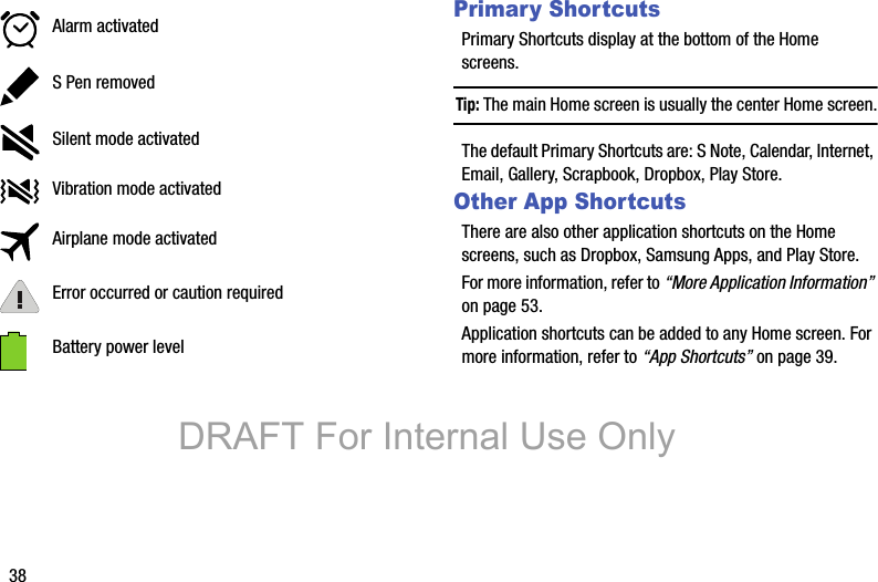 38Primary ShortcutsPrimary Shortcuts display at the bottom of the Home screens.Tip: The main Home screen is usually the center Home screen.The default Primary Shortcuts are: S Note, Calendar, Internet, Email, Gallery, Scrapbook, Dropbox, Play Store.Other App ShortcutsThere are also other application shortcuts on the Home screens, such as Dropbox, Samsung Apps, and Play Store.For more information, refer to “More Application Information” on page 53.Application shortcuts can be added to any Home screen. For more information, refer to “App Shortcuts” on page 39.Alarm activatedS Pen removedSilent mode activatedVibration mode activatedAirplane mode activatedError occurred or caution requiredBattery power levelDRAFT For Internal Use Only