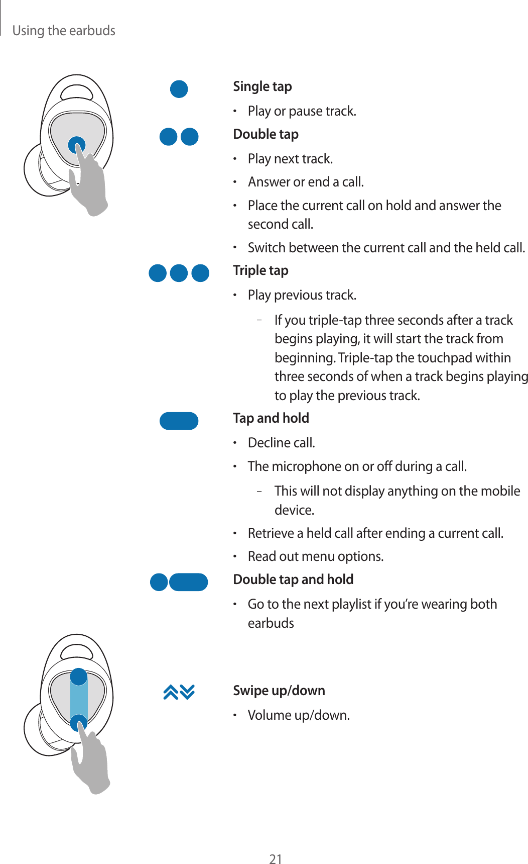 Using the earbuds21Single tap•Play or pause track.Double tap•Play next track.•Answer or end a call.•Place the current call on hold and answer the second call.•Switch between the current call and the held call.Triple tap•Play previous track.–If you triple-tap three seconds after a track begins playing, it will start the track from beginning. Triple-tap the touchpad within three seconds of when a track begins playing to play the previous track.Tap and hold•Decline call.•The microphone on or off during a call.–This will not display anything on the mobile device.•Retrieve a held call after ending a current call.•Read out menu options.Double tap and hold•Go to the next playlist if you’re wearing both earbudsSwipe up/down•Volume up/down.