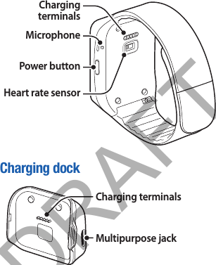 Charging terminalsMicrophonePower buttonHeart rate sensorCharging dockCharging terminalsMultipurpose jackDRAFT