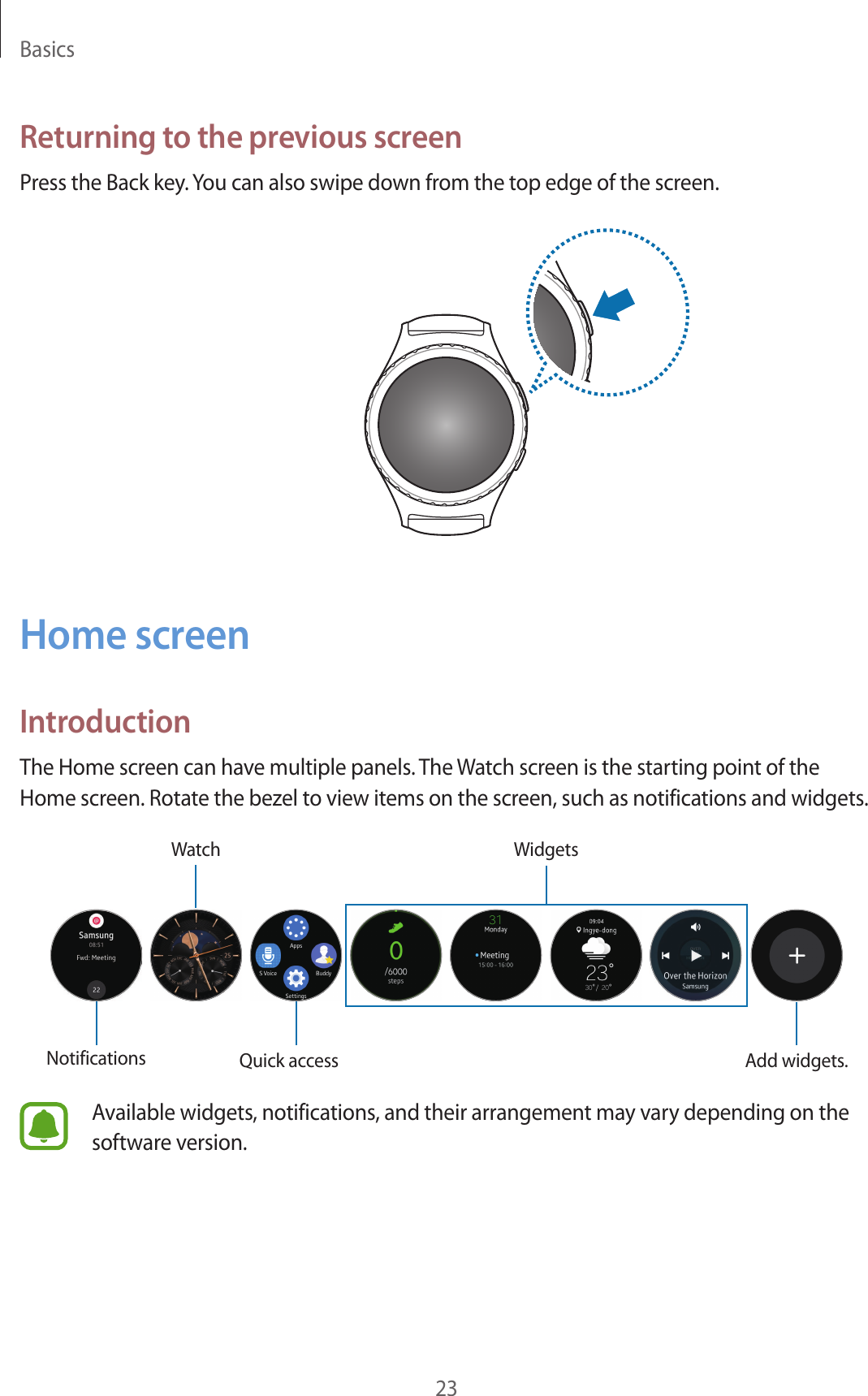 Basics23Returning to the previous screenPress the Back key. You can also swipe down from the top edge of the screen.Home screenIntroductionThe Home screen can have multiple panels. The Watch screen is the starting point of the Home screen. Rotate the bezel to view items on the screen, such as notifications and widgets.NotificationsWatchQuick accessWidgetsAdd widgets.Available widgets, notifications, and their arrangement may vary depending on the software version.