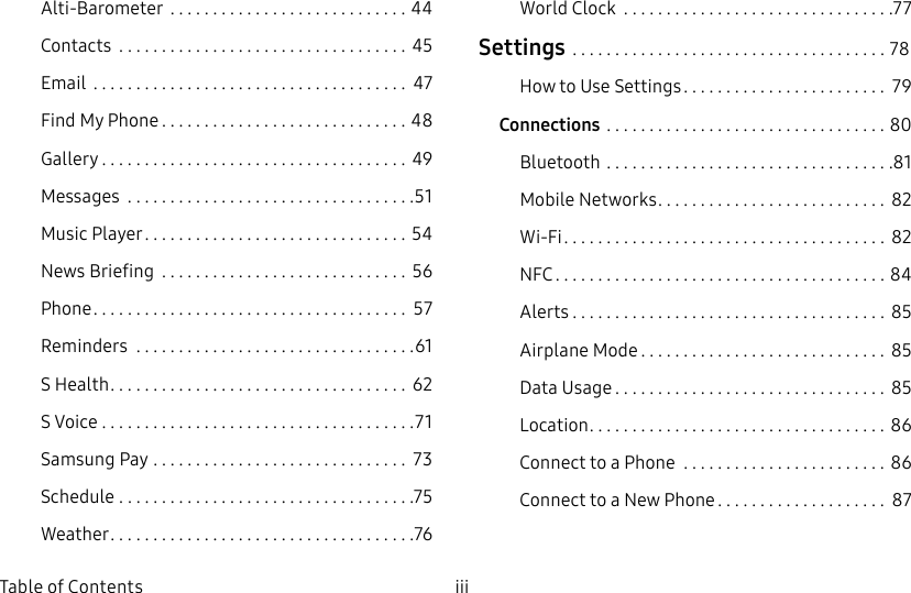 DRAFT–FOR INTERNAL USE ONLYiii Table of ContentsAlti-Barometer ............................44Contacts .................................. 45Email ..................................... 47Find My Phone .............................48Gallery .................................... 49Messages ..................................51Music Player ............................... 54News Briefing ............................. 56Phone ..................................... 57Reminders .................................61S Health ................................... 62S Voice .....................................71Samsung Pay .............................. 73Schedule ...................................75Weather ....................................76World Clock ................................77Settings .....................................78How to Use Settings ........................ 79Connections .................................80Bluetooth ..................................81Mobile Networks ........................... 82Wi-Fi ...................................... 82NFC ....................................... 84Alerts ..................................... 85Airplane Mode ............................. 85Data Usage ................................ 85Location ...................................86Connect to a Phone ........................86Connect to a New Phone .................... 87
