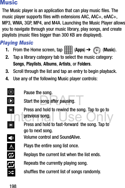 DRAFT Internal Use Only198MusicThe Music player is an application that can play music files. The music player supports files with extensions AAC, AAC+, eAAC+, MP3, WMA, 3GP, MP4, and M4A. Launching the Music Player allows you to navigate through your music library, play songs, and create playlists (music files bigger than 300 KB are displayed).Playing Music1. From the Home screen, tap   (Apps) ➔   (Music). 2. Tap a library category tab to select the music category: Songs, Playlists, Albums, Artists, or Folders.3. Scroll through the list and tap an entry to begin playback.4. Use any of the following Music player controls:  Pause the song.Start the song after pausing.Press and hold to rewind the song. Tap to go to previous song.Press and hold to fast-forward  the song. Tap to go to next song.Volume control and SoundAlive.Plays the entire song list once.Replays the current list when the list ends.Repeats the currently playing song.shuffles the current list of songs randomly.