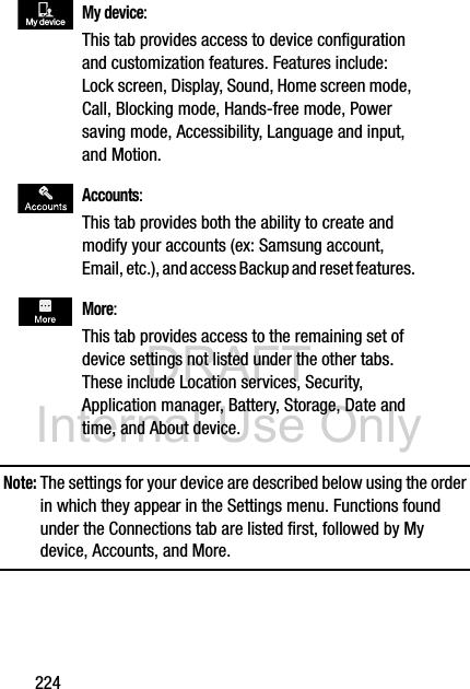 DRAFT Internal Use Only224Note: The settings for your device are described below using the order in which they appear in the Settings menu. Functions found under the Connections tab are listed first, followed by My device, Accounts, and More. My device: This tab provides access to device configuration and customization features. Features include: Lock screen, Display, Sound, Home screen mode, Call, Blocking mode, Hands-free mode, Power saving mode, Accessibility, Language and input, and Motion. Accounts: This tab provides both the ability to create and modify your accounts (ex: Samsung account, Email, etc.), and access Backup and reset features. More: This tab provides access to the remaining set of device settings not listed under the other tabs. These include Location services, Security, Application manager, Battery, Storage, Date and time, and About device.My device