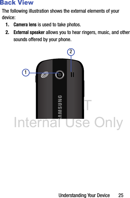 DRAFT Internal Use OnlyUnderstanding Your Device       25Back ViewThe following illustration shows the external elements of your device:1.Camera lens is used to take photos.2.External speaker allows you to hear ringers, music, and other sounds offered by your phone.21