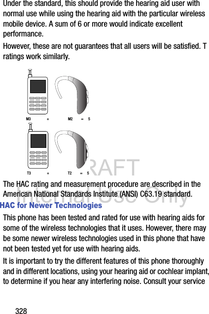 DRAFT Internal Use Only328Under the standard, this should provide the hearing aid user with normal use while using the hearing aid with the particular wireless mobile device. A sum of 6 or more would indicate excellent performance.  However, these are not guarantees that all users will be satisfied. T ratings work similarly. The HAC rating and measurement procedure are described in the American National Standards Institute (ANSI) C63.19 standard.HAC for Newer TechnologiesThis phone has been tested and rated for use with hearing aids for some of the wireless technologies that it uses. However, there may be some newer wireless technologies used in this phone that have not been tested yet for use with hearing aids. It is important to try the different features of this phone thoroughly and in different locations, using your hearing aid or cochlear implant, to determine if you hear any interfering noise. Consult your service M3                 +                    M2         =     5T3                 +                    T2         =     5